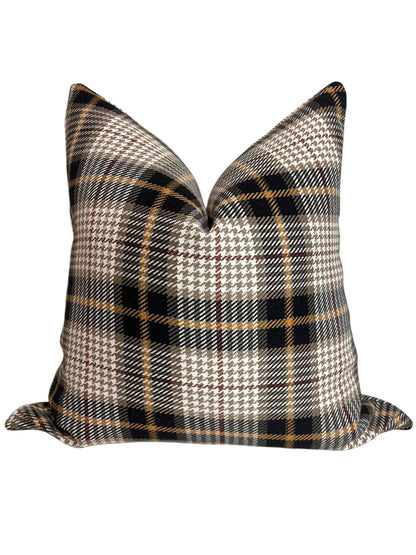 Plaid Wool Pillow Cover | Tartan Check Throw Pillow | Rustic Farmhouse Cushion | Brown-Black Plaid Pillow | Houndstooth Cushion | Fall Decor
