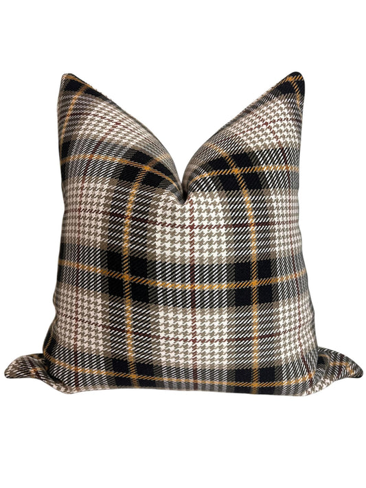 Plaid Wool Pillow Cover | Tartan Check Throw Pillow | Rustic Farmhouse Cushion | Brown-Black Plaid Pillow | Houndstooth Cushion | Fall Decor