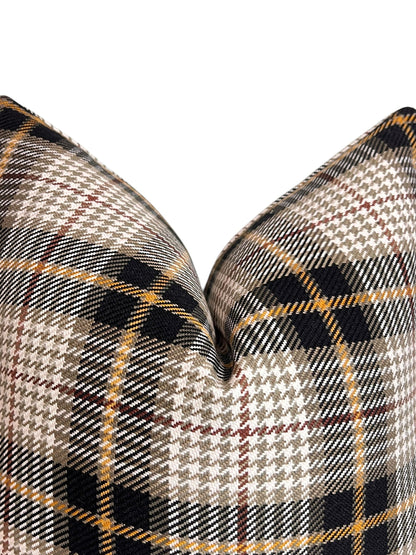 Plaid Wool Pillow Cover | Tartan Check Throw Pillow | Rustic Farmhouse Cushion | Brown-Black Plaid Pillow | Houndstooth Cushion | Fall Decor