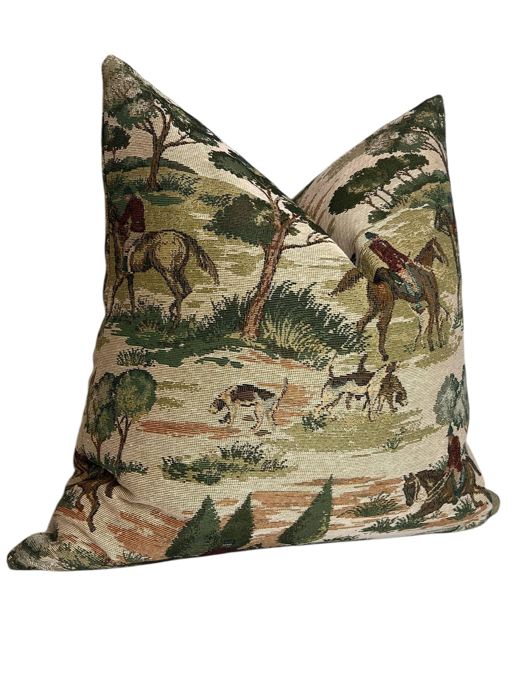 Equestrian Tapestry Pillow Cover | Vintage Horse Hunting Scene Cushion