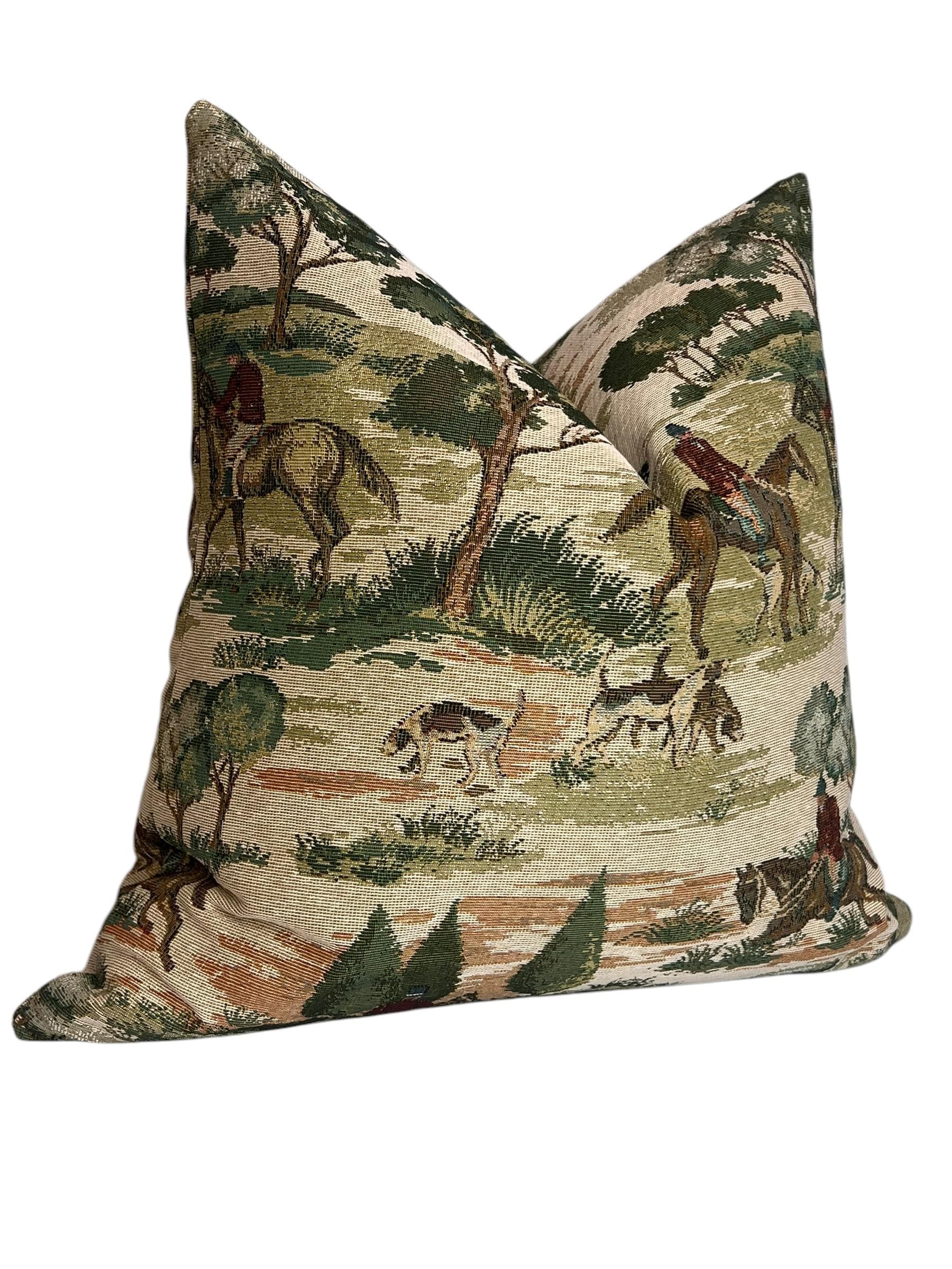 Equestrian Tapestry Pillow Cover | Vintage Horse Hunting Scene Cushion
