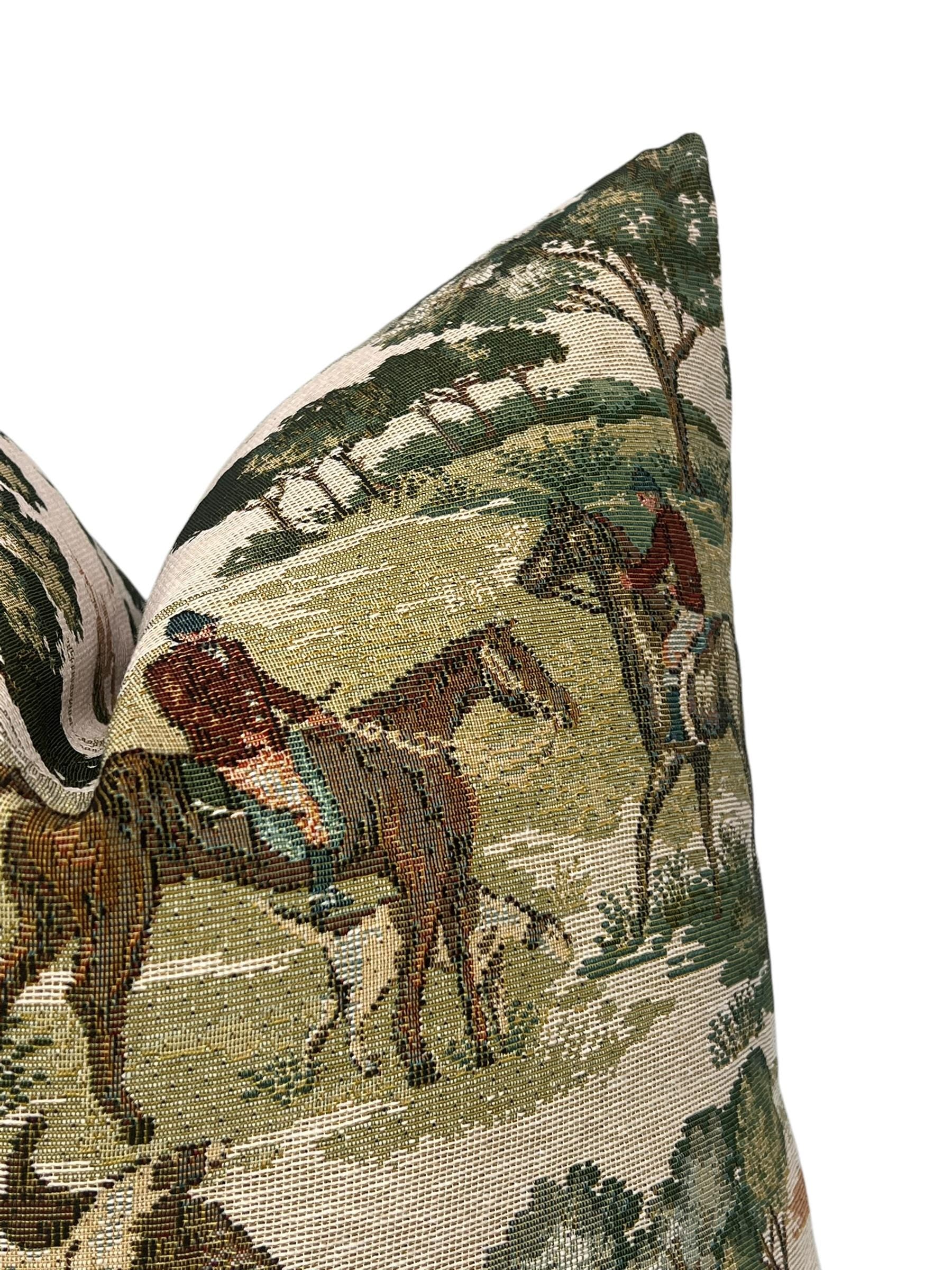 Equestrian Tapestry Pillow Cover | Vintage Horse Hunting Scene Cushion