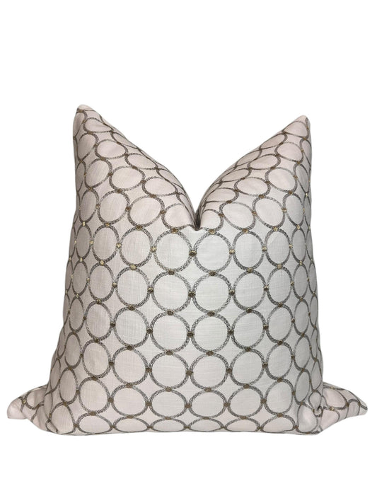 Geometric Embroidered Pillow Cover, Silver and Gold Circle Cushion, Modern Luxe Decor Handmade Ivory Pillow Cover, Gold Ring Pattern Cushion