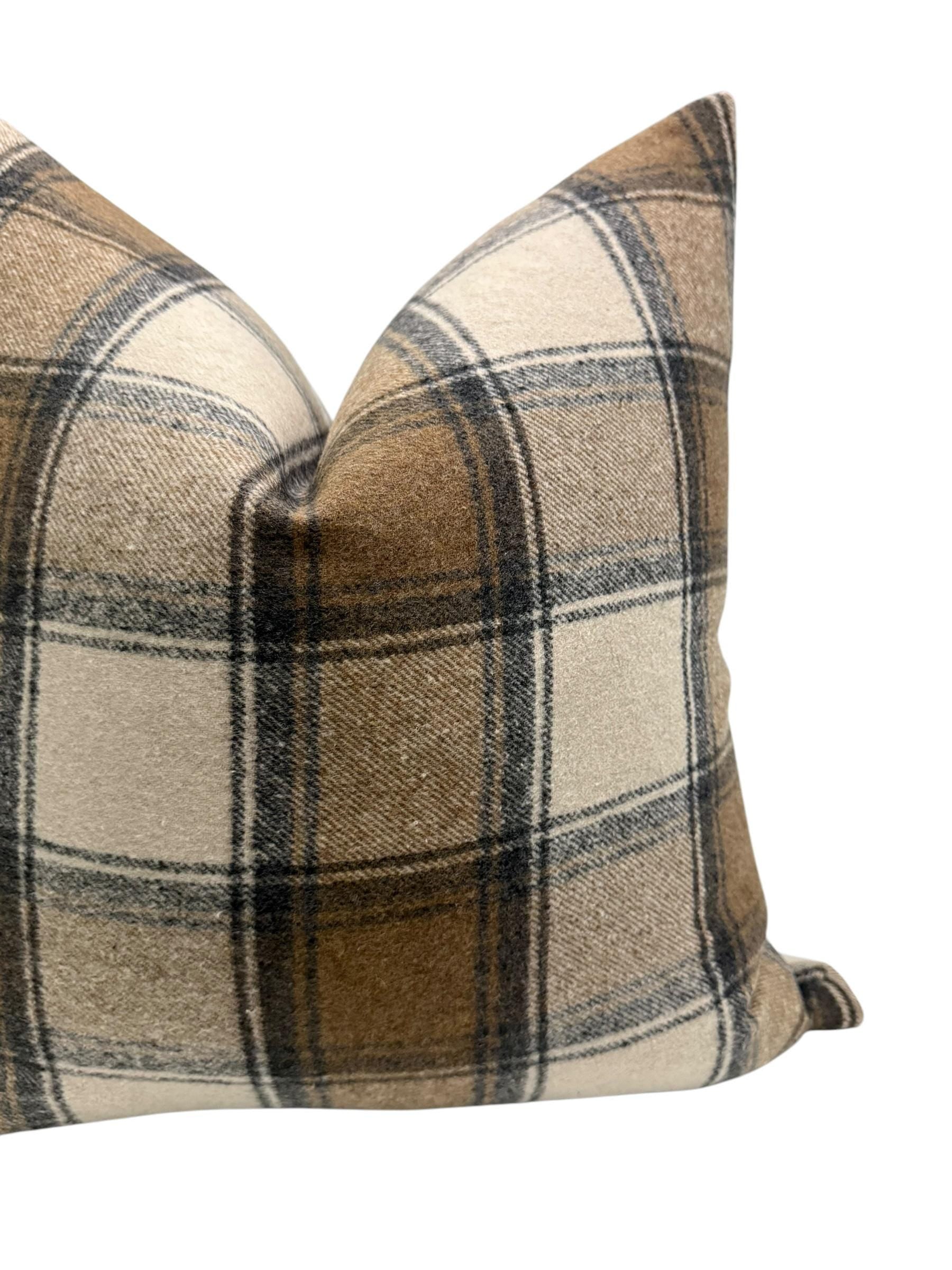 Plaid Pillow Cover, Rustic Farmhouse Throw Pillow, Brown Check Cushion, Cozy Wool Pillow Cover, Cabin Style, Flannel Plaid Pillow Cover