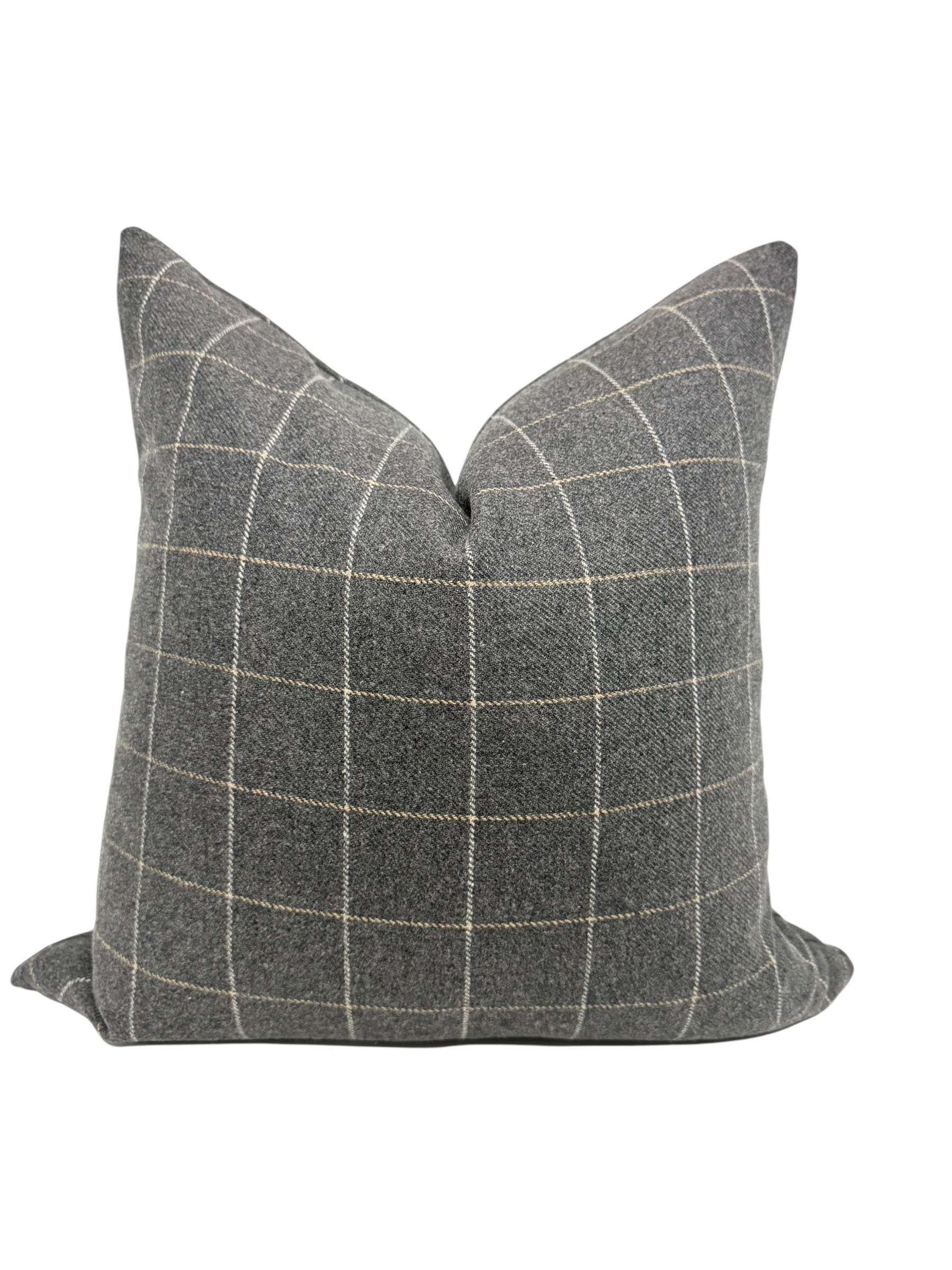 Gray Windowpane Plaid Wool Pillow Cover, Modern Farmhouse Cushion