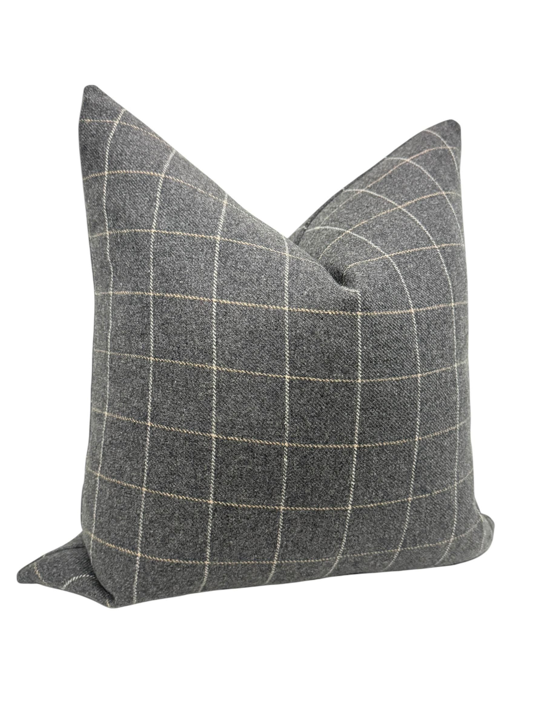 Gray Windowpane Plaid Wool Pillow Cover, Modern Farmhouse Cushion