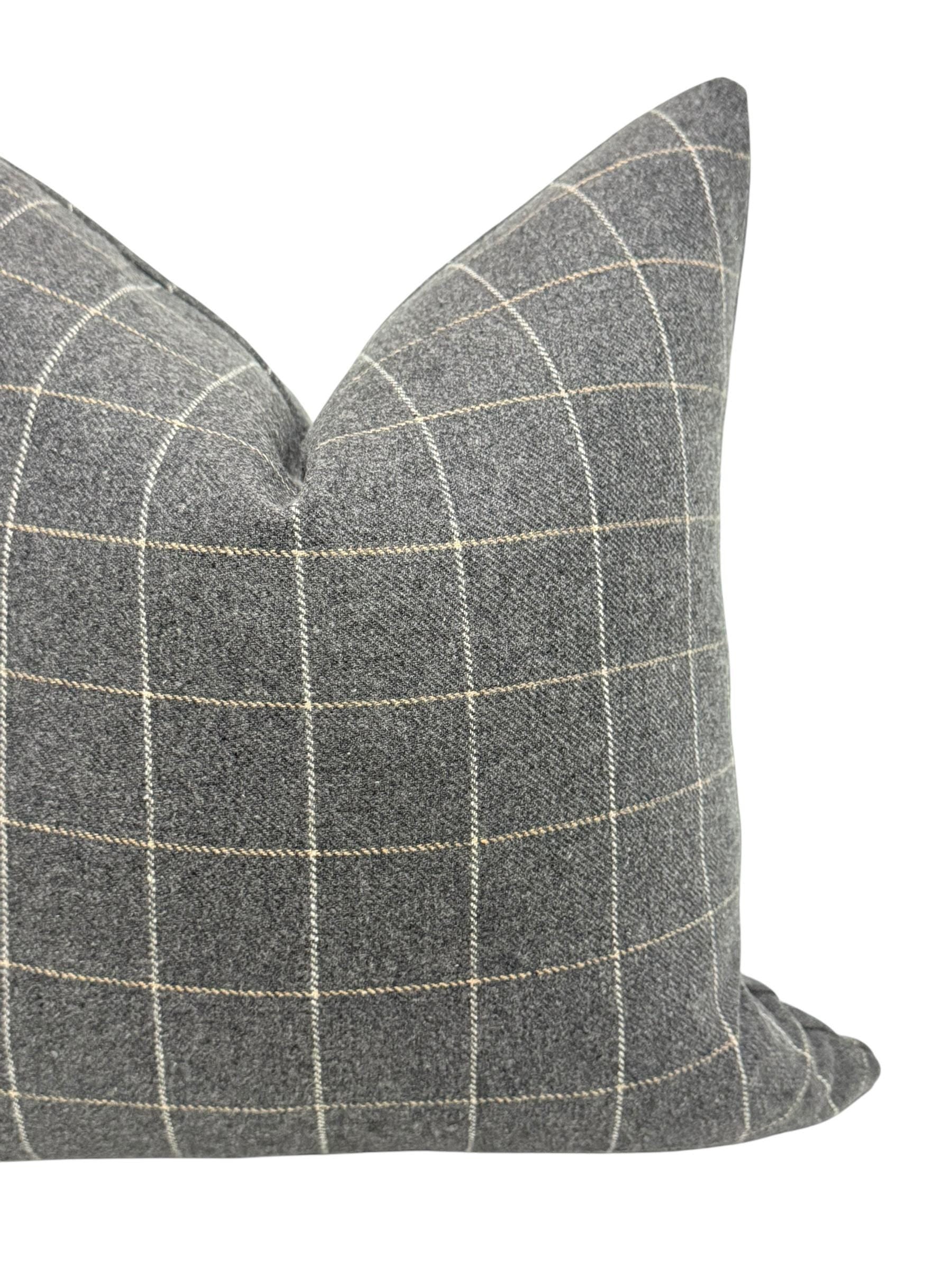 Gray Windowpane Plaid Wool Pillow Cover, Modern Farmhouse Cushion