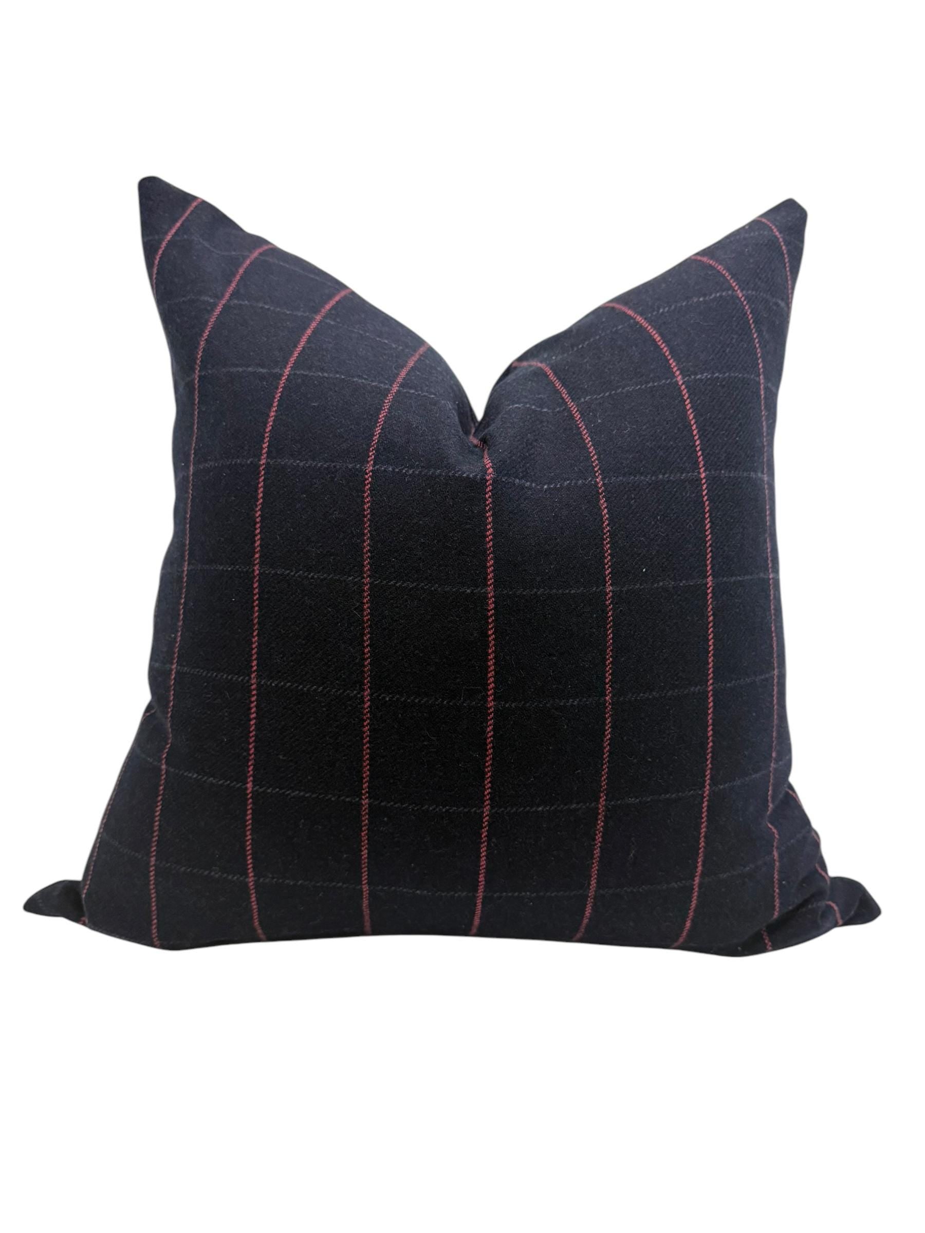 Navy Windowpane Pillow Cover, Wool Throw Pillow, Modern Plaid Cushion, Dark Blue Grid Pillow,  Red Stitch Plaid Cushion, Minimalist Pillow