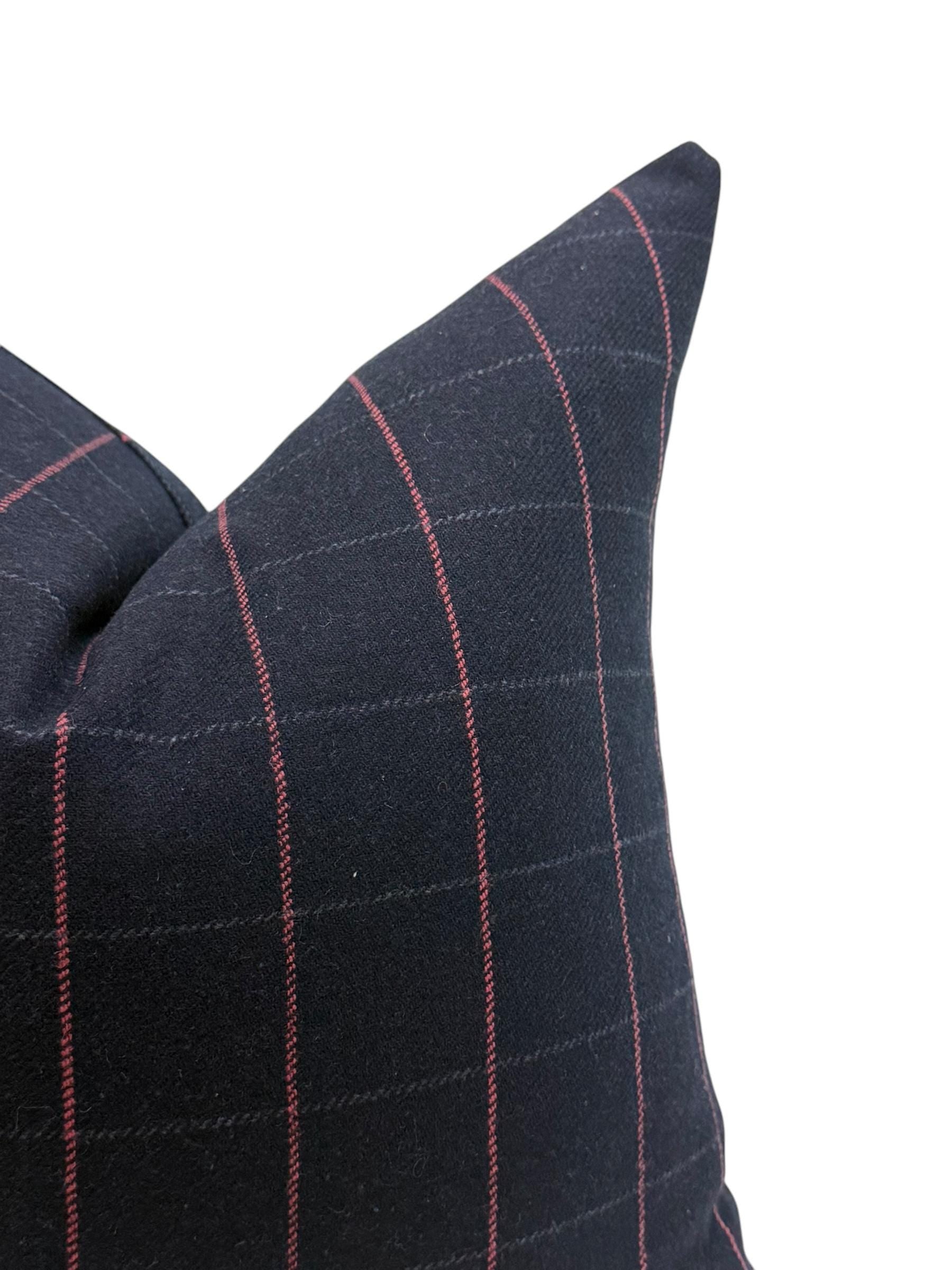 Navy Windowpane Pillow Cover, Wool Throw Pillow, Modern Plaid Cushion, Dark Blue Grid Pillow,  Red Stitch Plaid Cushion, Minimalist Pillow