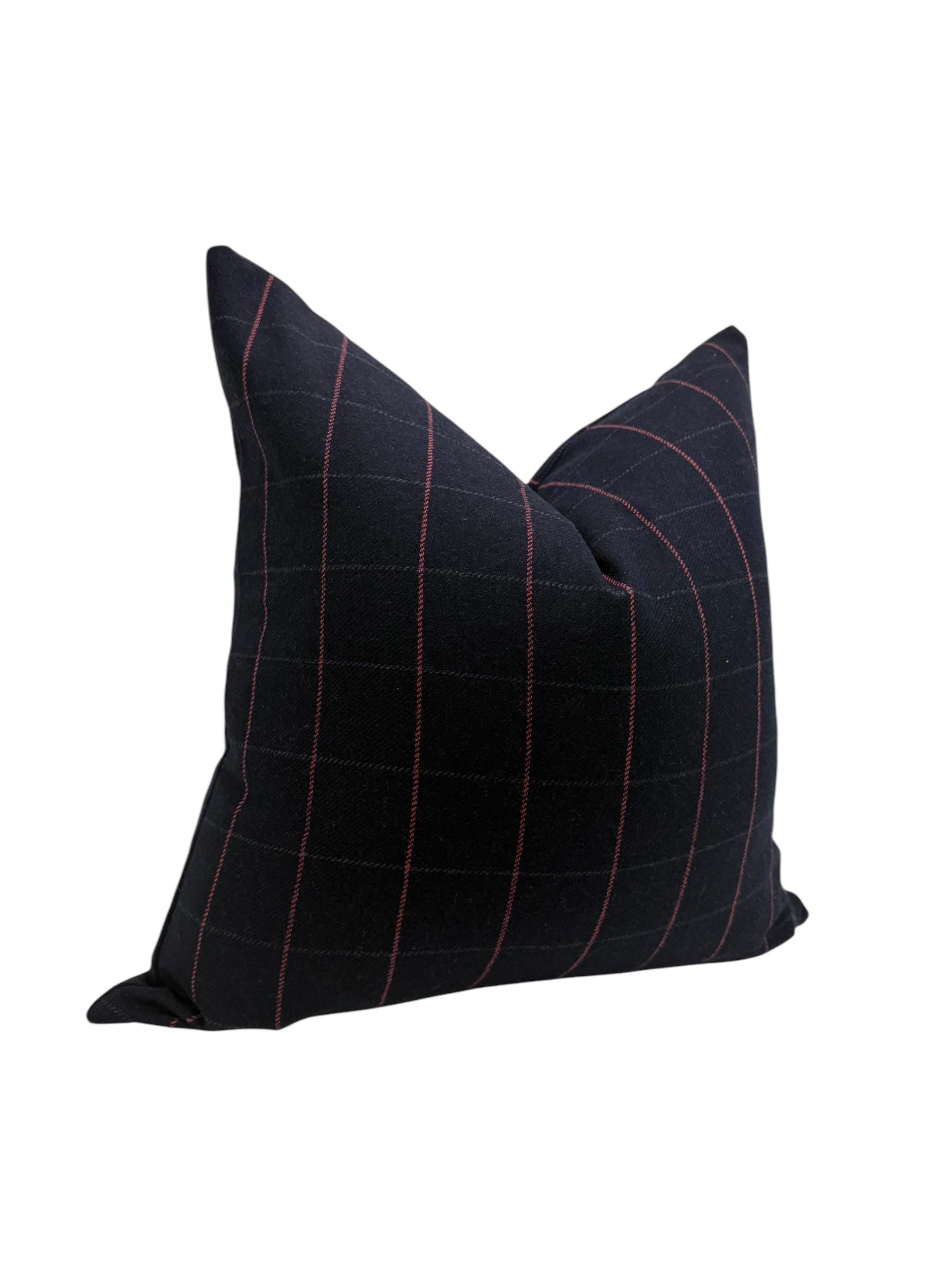 Navy Windowpane Pillow Cover, Wool Throw Pillow, Modern Plaid Cushion, Dark Blue Grid Pillow,  Red Stitch Plaid Cushion, Minimalist Pillow