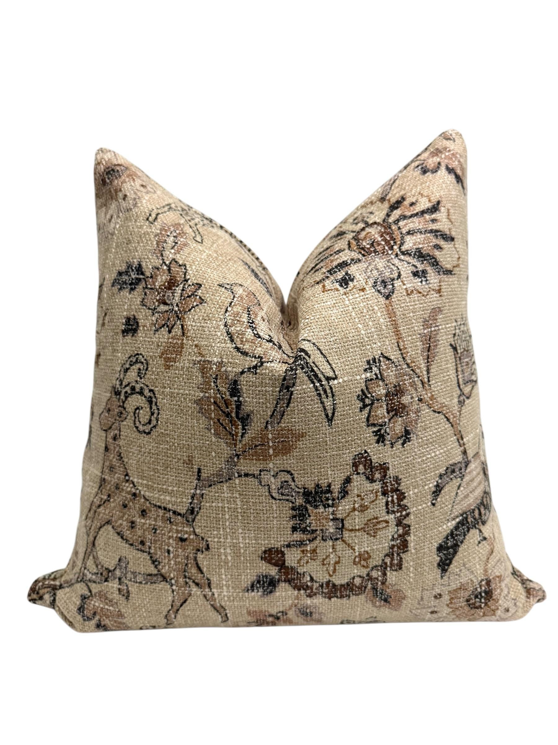 Vintage Floral Pillow Cover, Rustic Animal Print Cushion, Boho Decor, Neutral Tapestry Pillow, Antique-Inspired Cushion,Woodland Home Accent