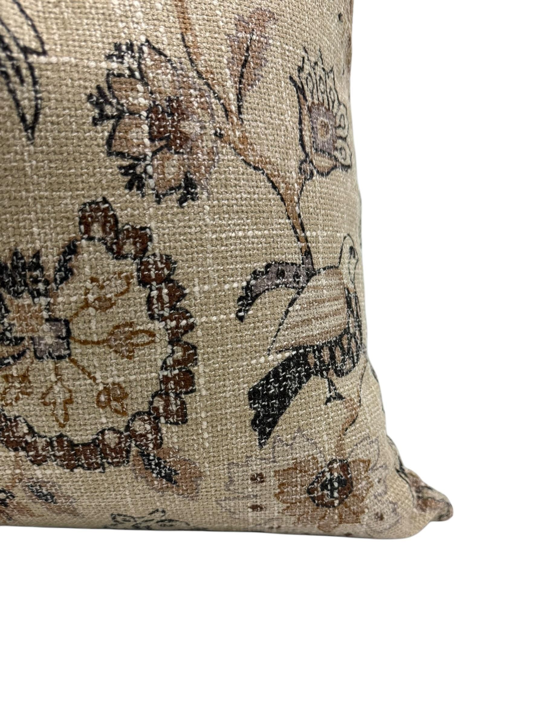 Vintage Floral Pillow Cover, Rustic Animal Print Cushion, Boho Decor, Neutral Tapestry Pillow, Antique-Inspired Cushion,Woodland Home Accent