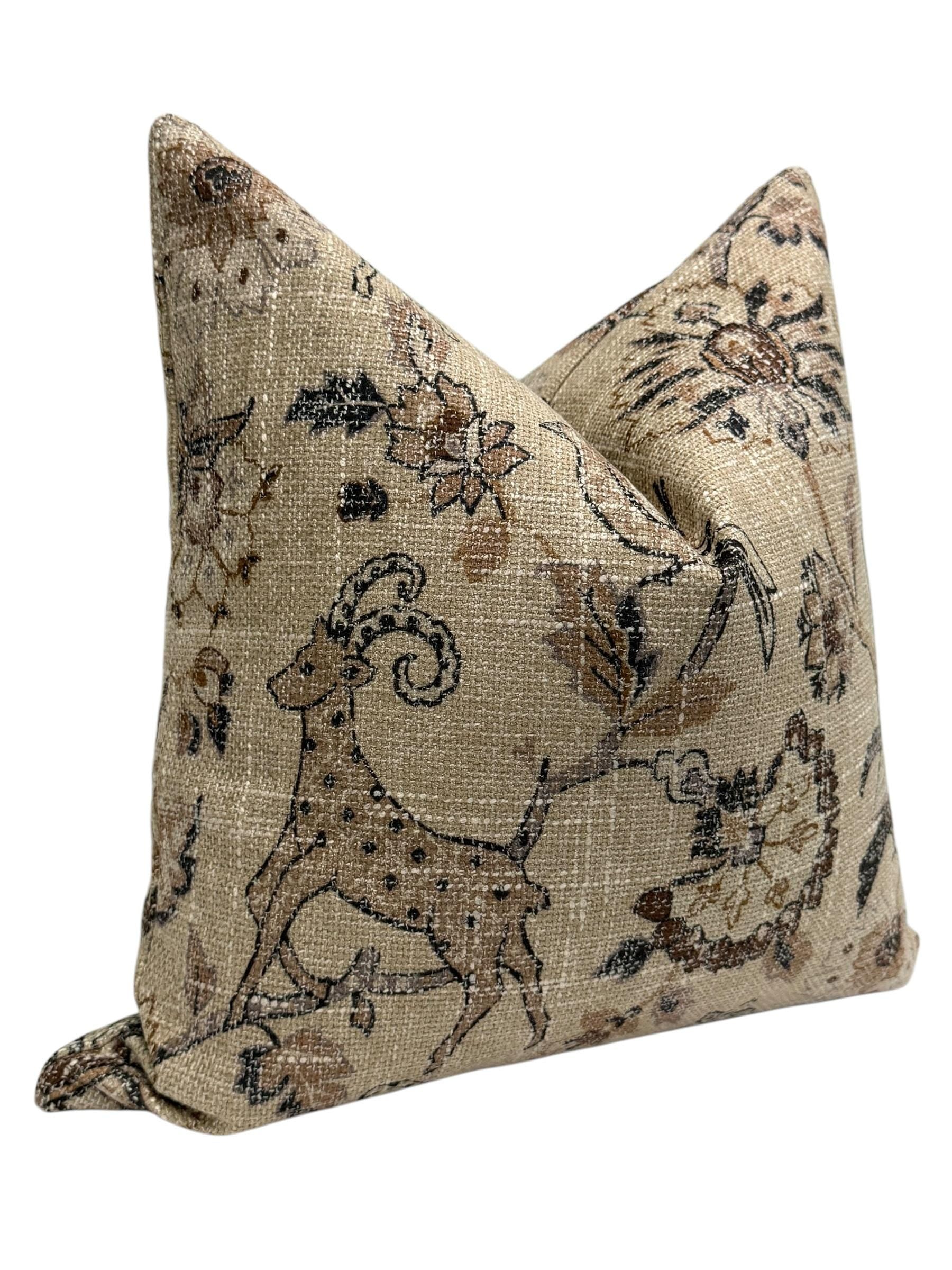 Vintage Floral Pillow Cover, Rustic Animal Print Cushion, Boho Decor, Neutral Tapestry Pillow, Antique-Inspired Cushion,Woodland Home Accent