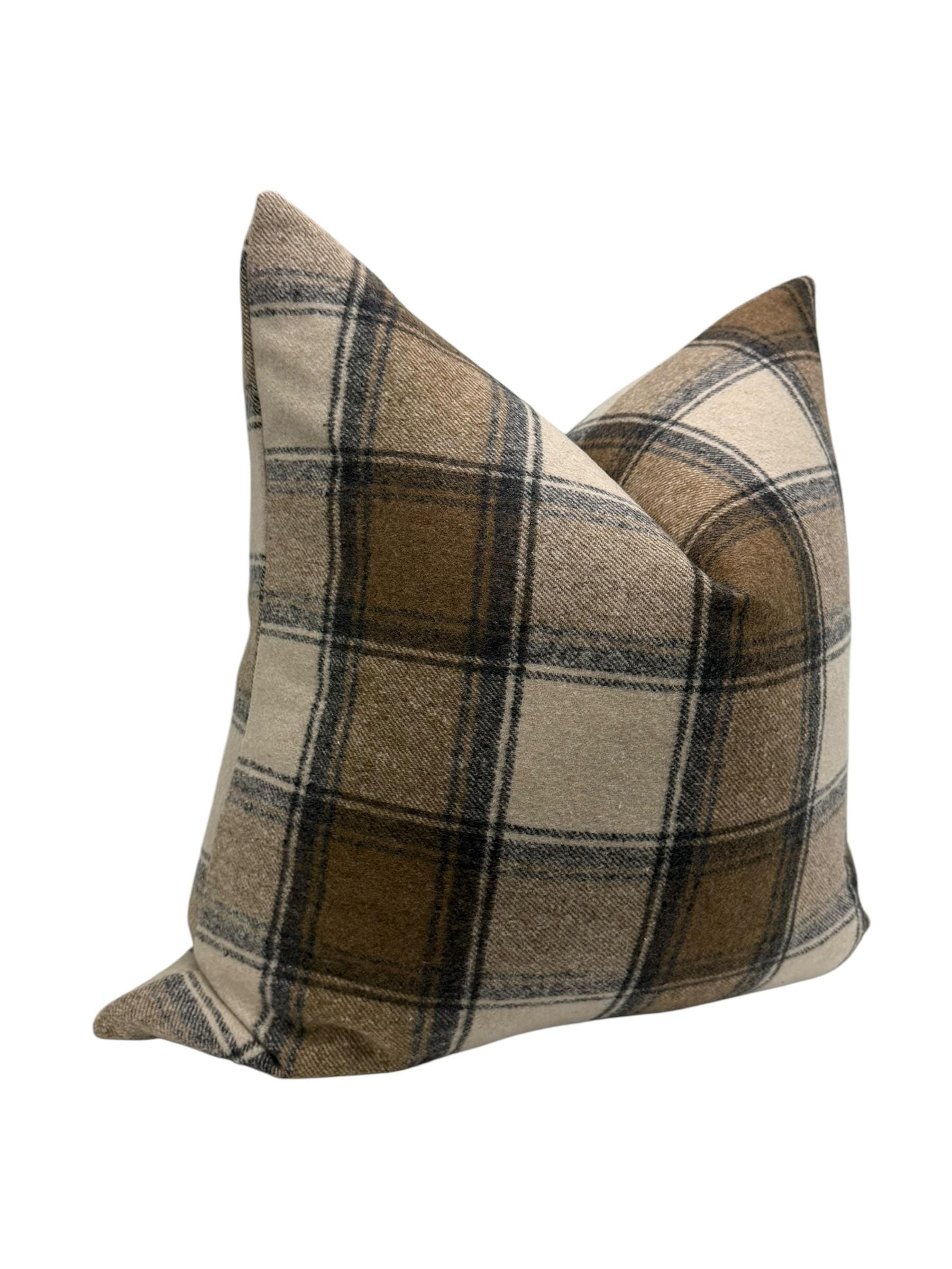 Plaid Pillow Cover, Rustic Farmhouse Throw Pillow, Brown Check Cushion, Cozy Wool Pillow Cover, Cabin Style, Flannel Plaid Pillow Cover