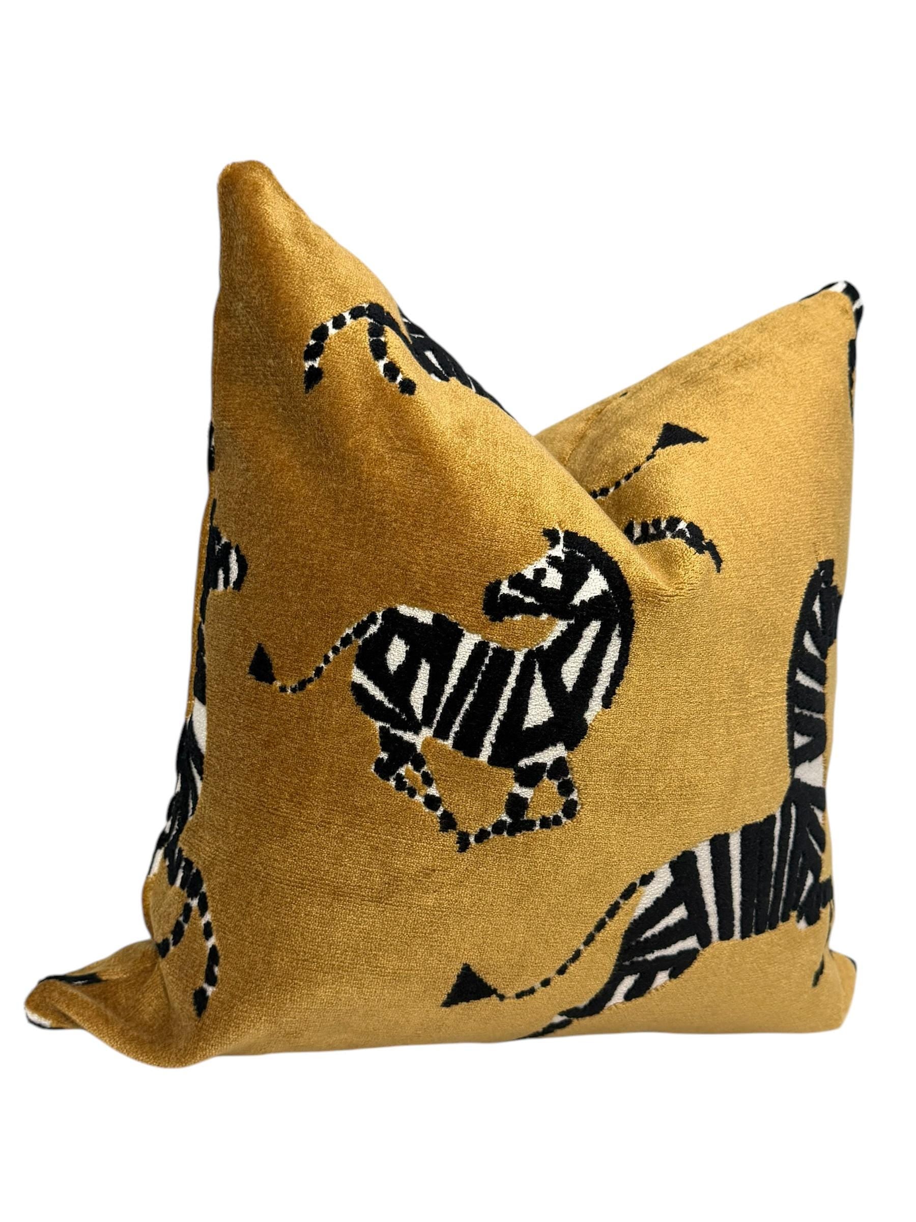 Dancing Zebra Gold Velvet Pillow Cover, Exotic Animal Print Pillow Cover, Safari Decor Velvet Pillow, Yellow and Black Zebra Cushion