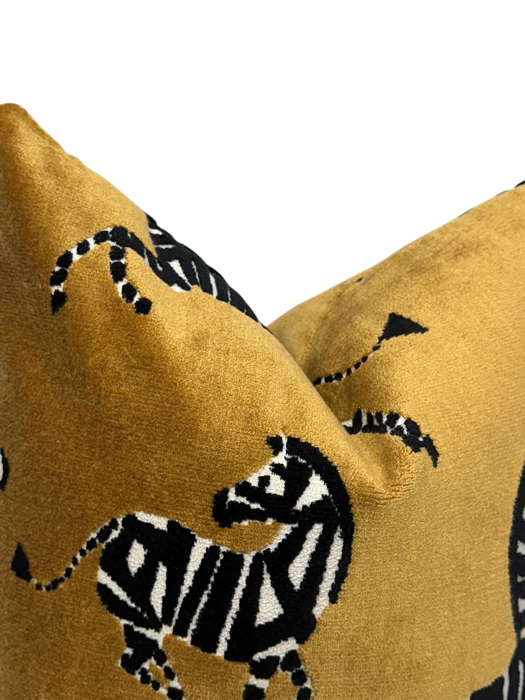 Dancing Zebra Gold Velvet Pillow Cover, Exotic Animal Print Pillow Cover, Safari Decor Velvet Pillow, Yellow and Black Zebra Cushion