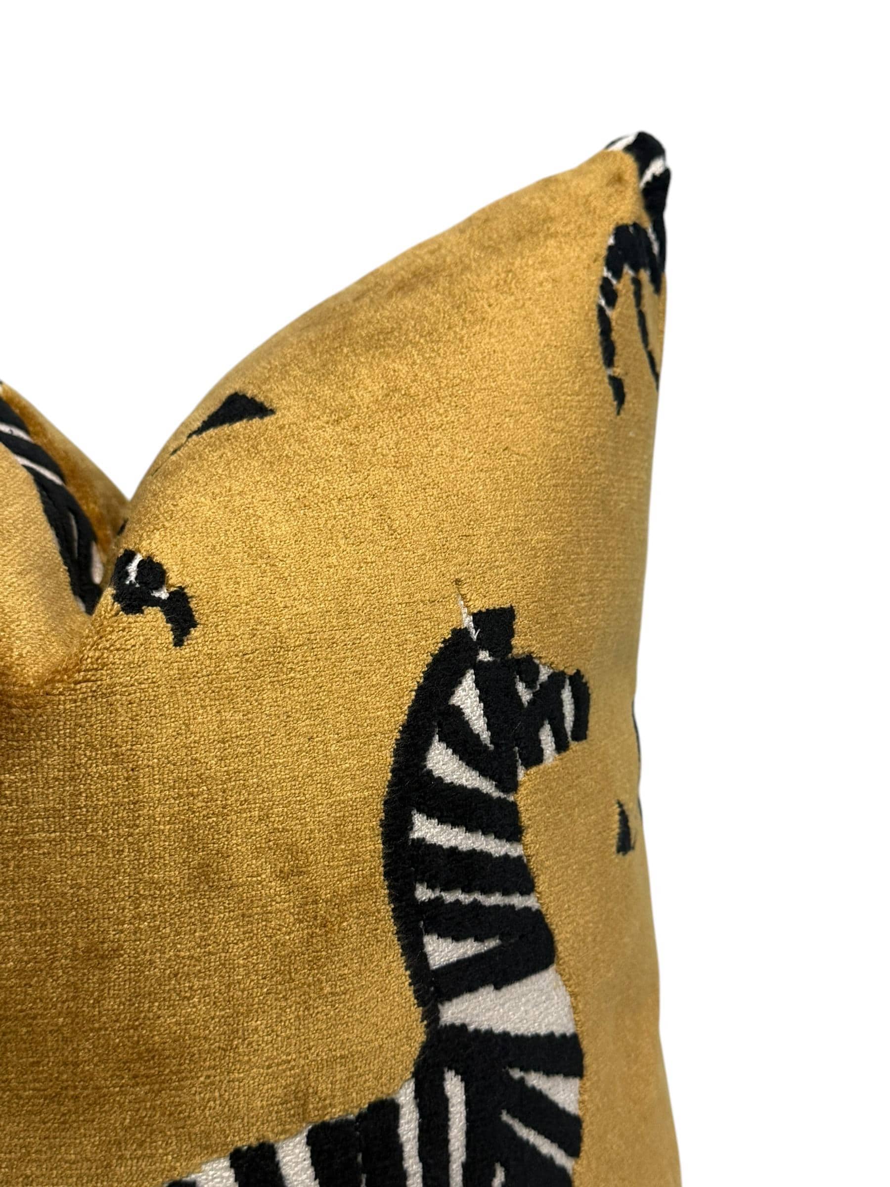Dancing Zebra Gold Velvet Pillow Cover, Exotic Animal Print Pillow Cover, Safari Decor Velvet Pillow, Yellow and Black Zebra Cushion