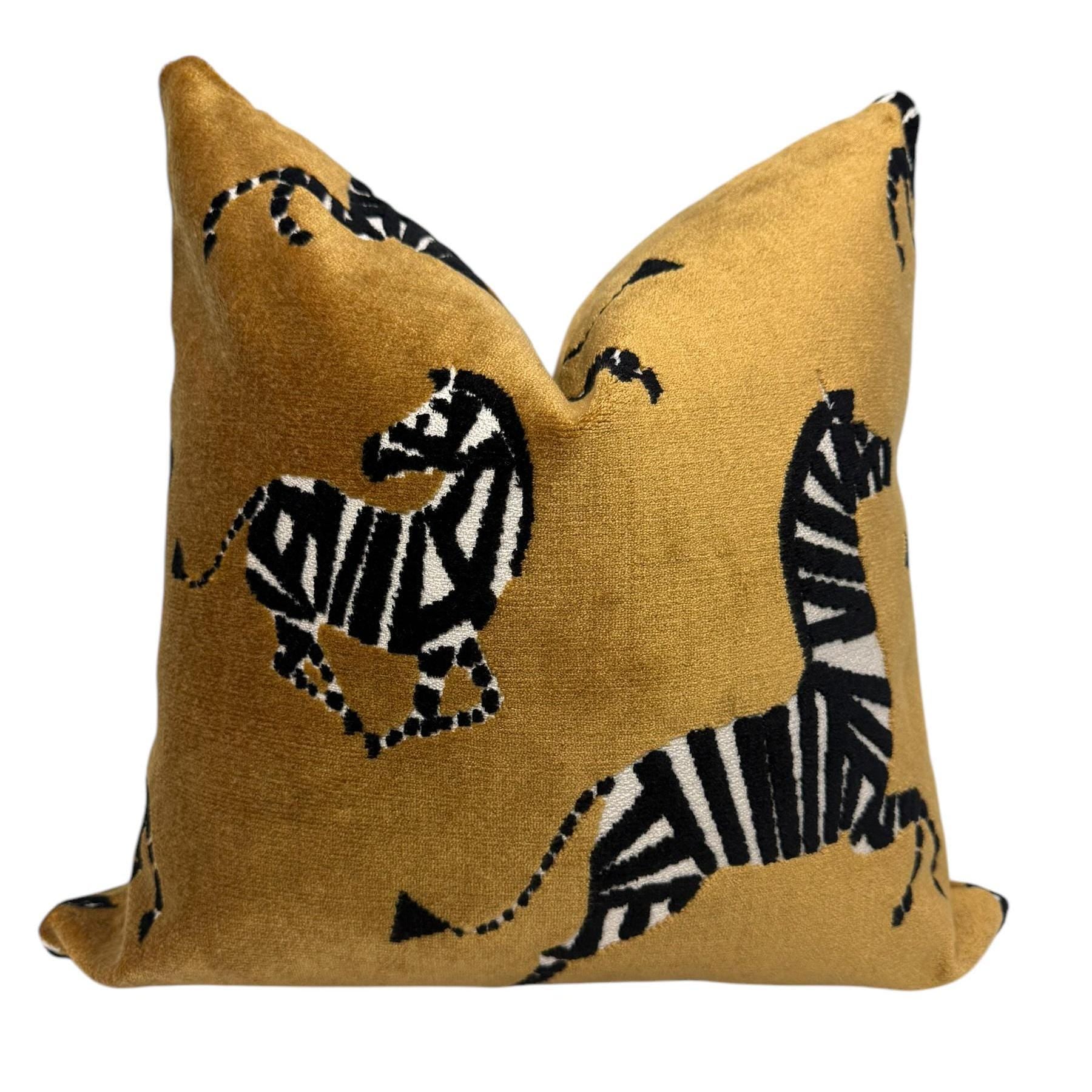 Dancing Zebra Gold Velvet Pillow Cover, Exotic Animal Print Pillow Cover, Safari Decor Velvet Pillow, Yellow and Black Zebra Cushion