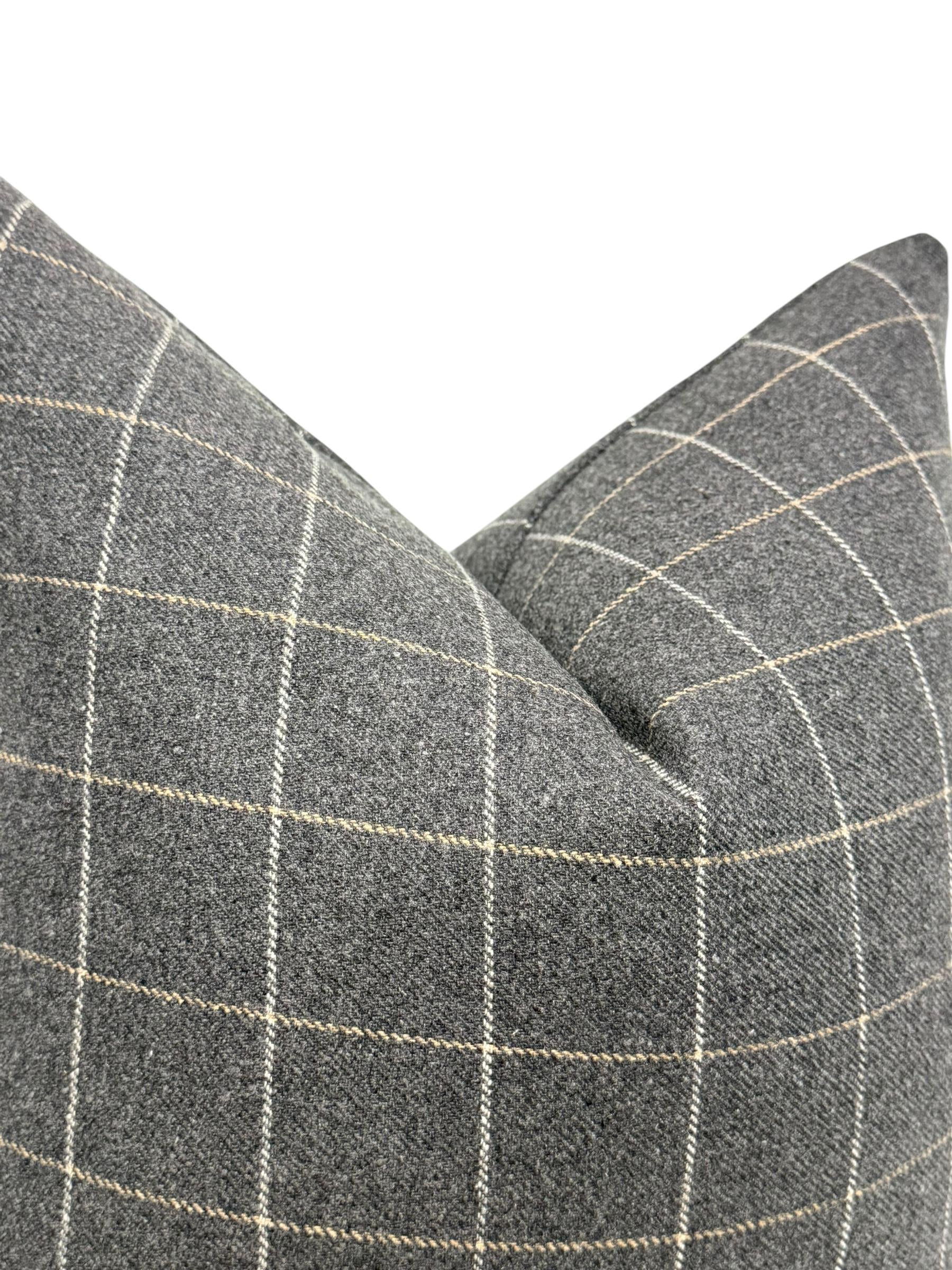Gray Windowpane Plaid Wool Pillow Cover, Modern Farmhouse Cushion