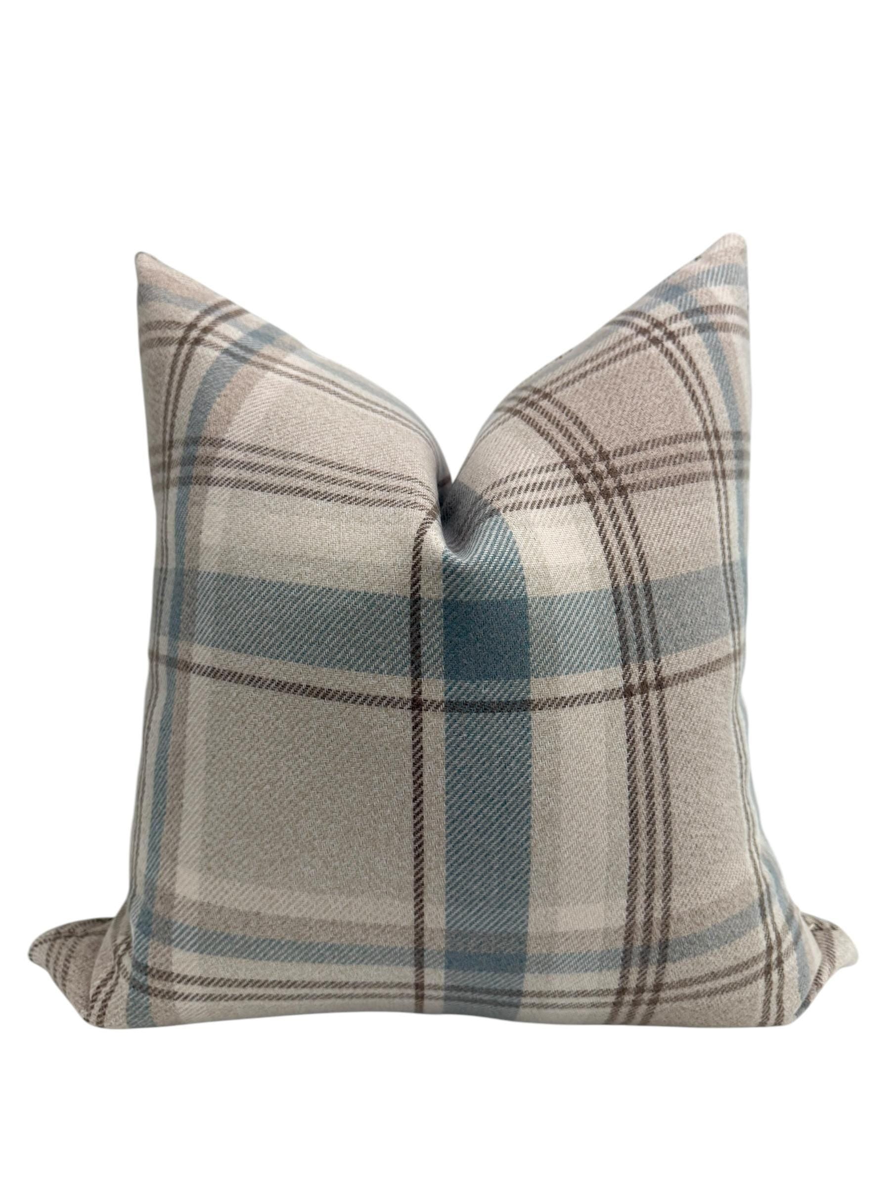 Blue Plaid Pillow Cover, Neutral Tartan Throw Pillow, Cottage Core Cushion, Cozy Checkered Cover, Warm Neutral, Classic Rustic Pillow Cover