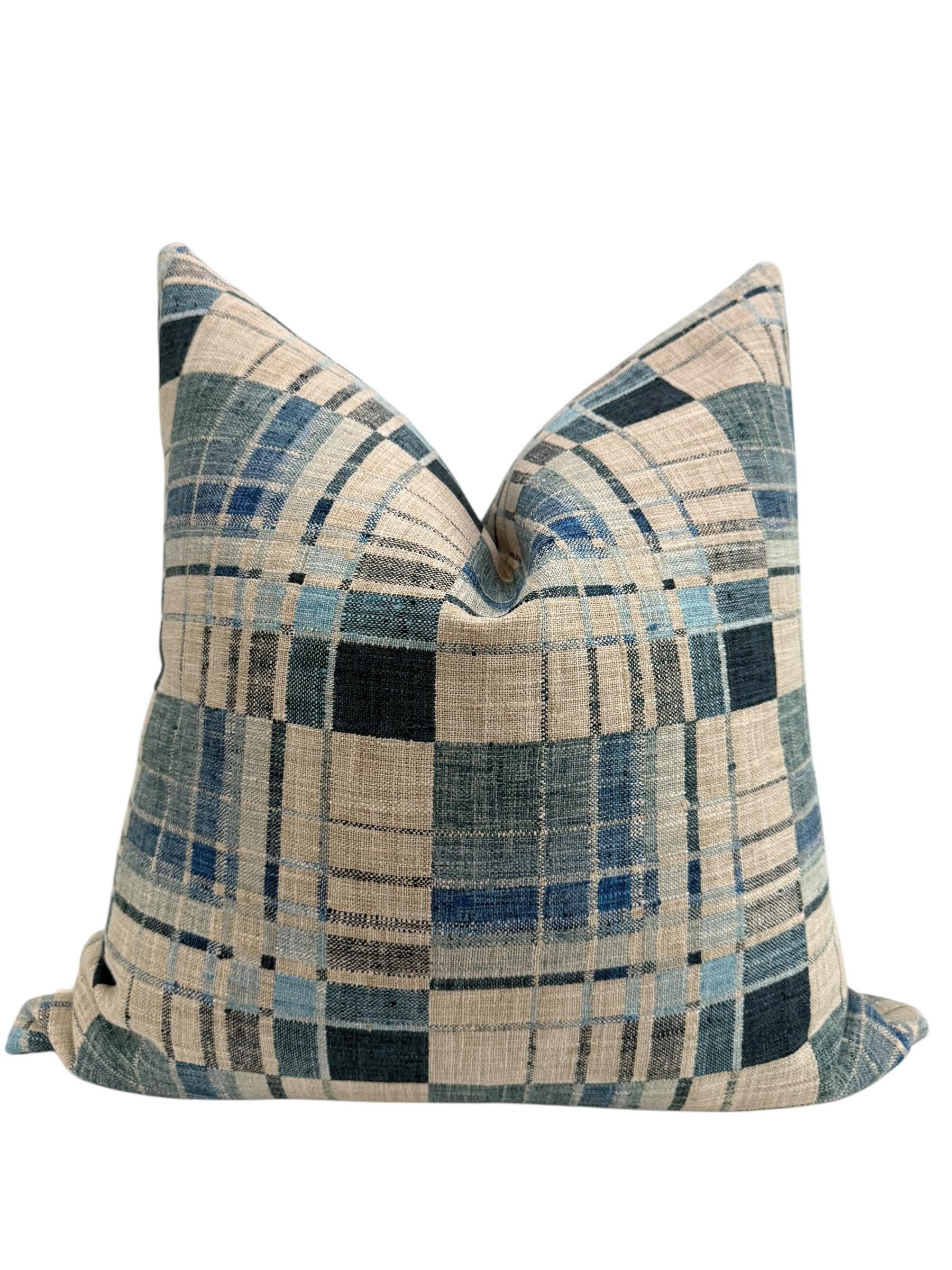 Blue Windowpane Plaid Pillow Cover, Wool Blend, Red Stitch