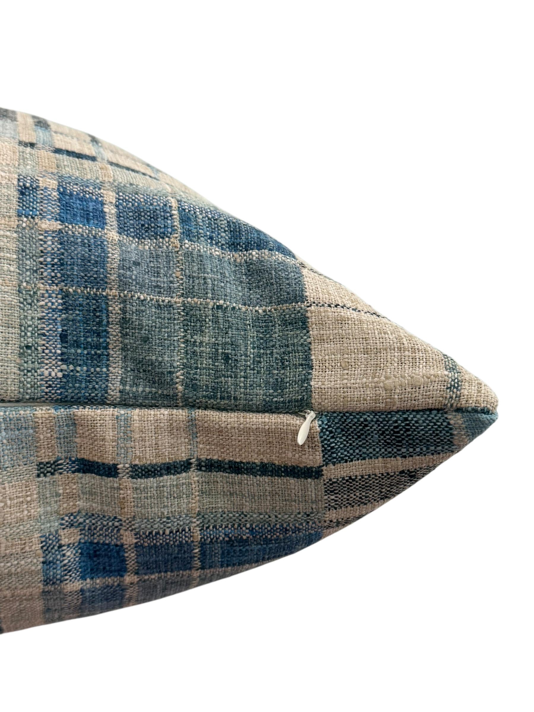 Blue Windowpane Plaid Pillow Cover, Wool Blend, Red Stitch