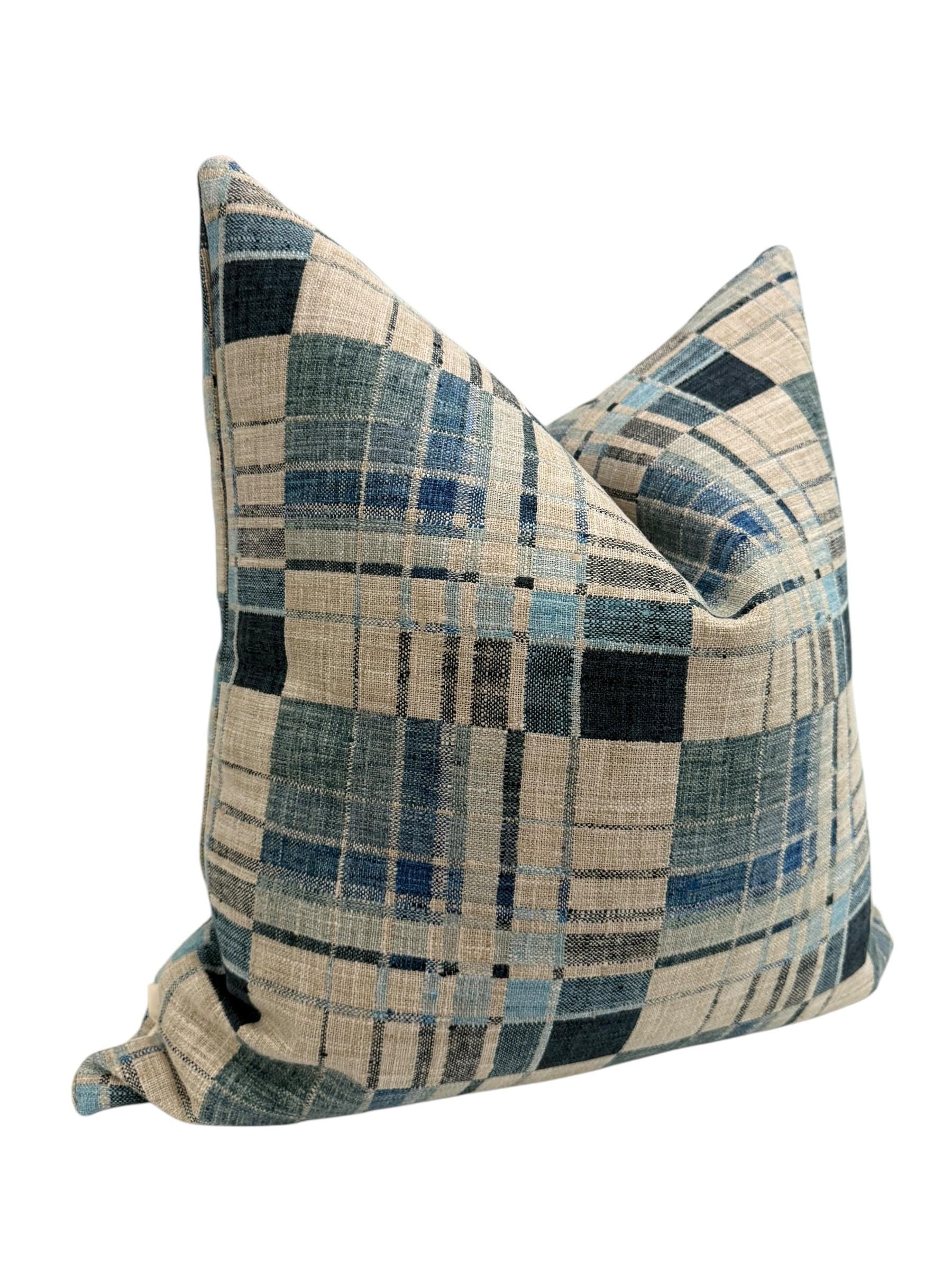 Blue Windowpane Plaid Pillow Cover, Wool Blend, Red Stitch