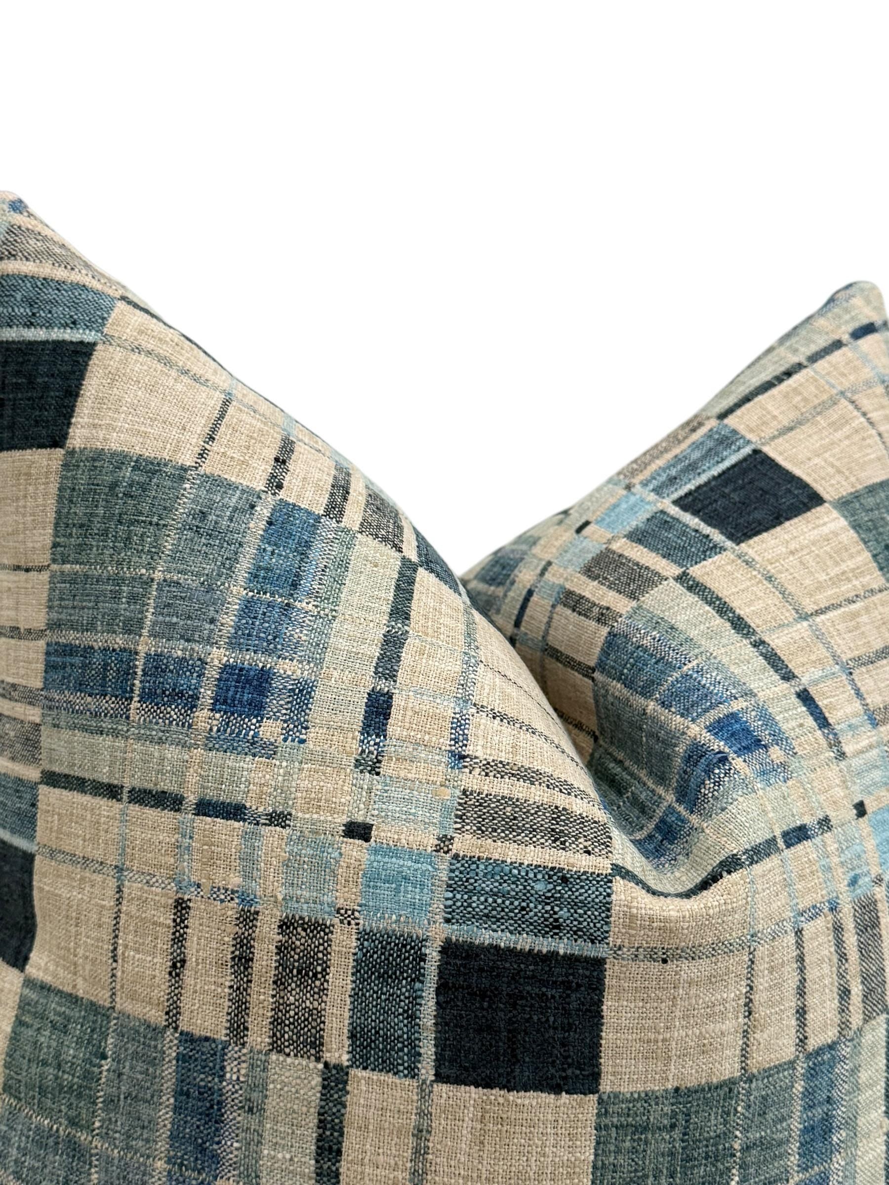 Blue Windowpane Plaid Pillow Cover, Wool Blend, Red Stitch