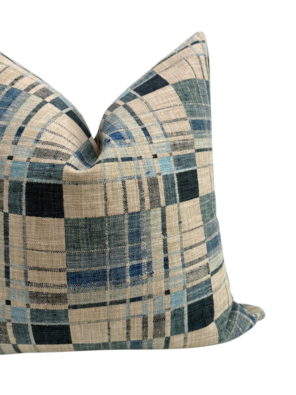Blue Windowpane Plaid Pillow Cover, Wool Blend, Red Stitch