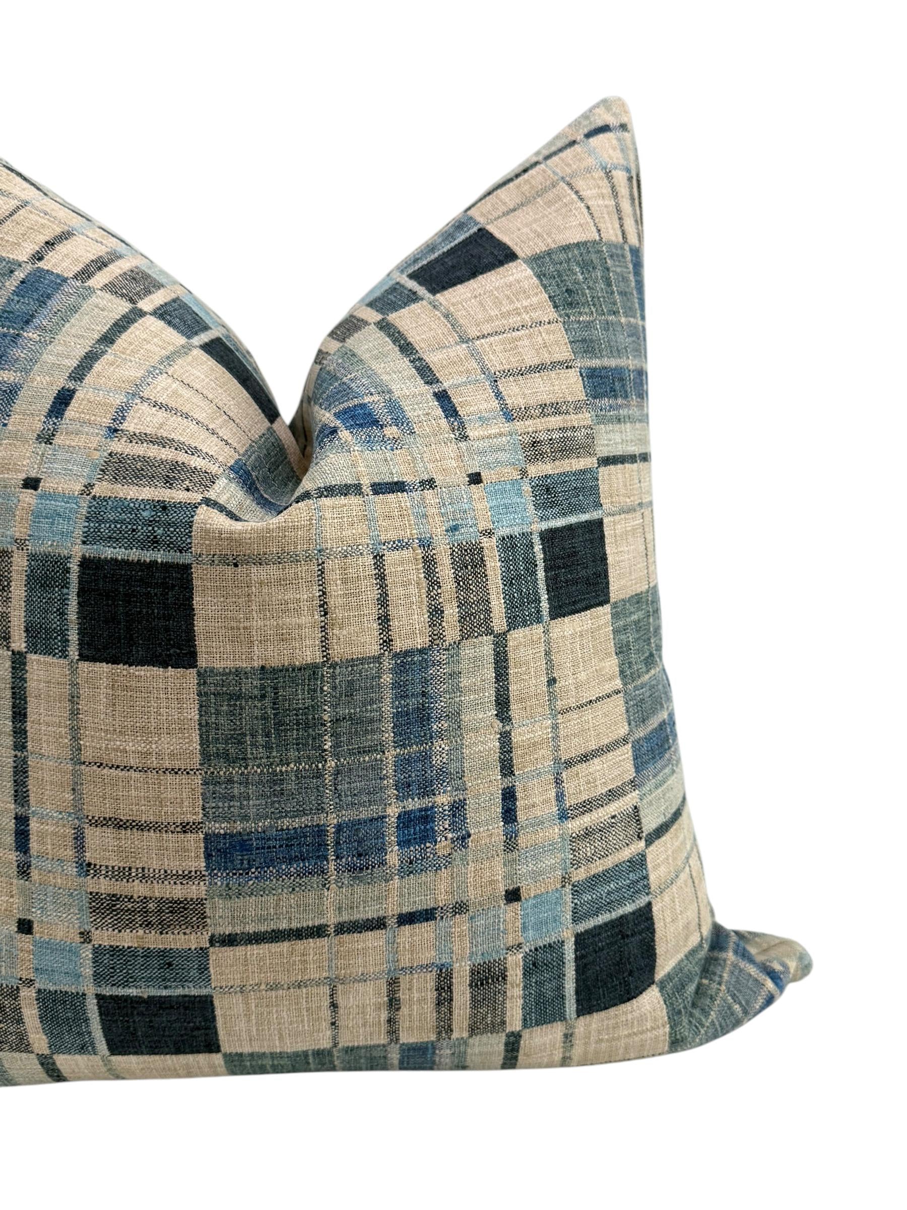 Blue Windowpane Plaid Pillow Cover, Wool Blend, Red Stitch