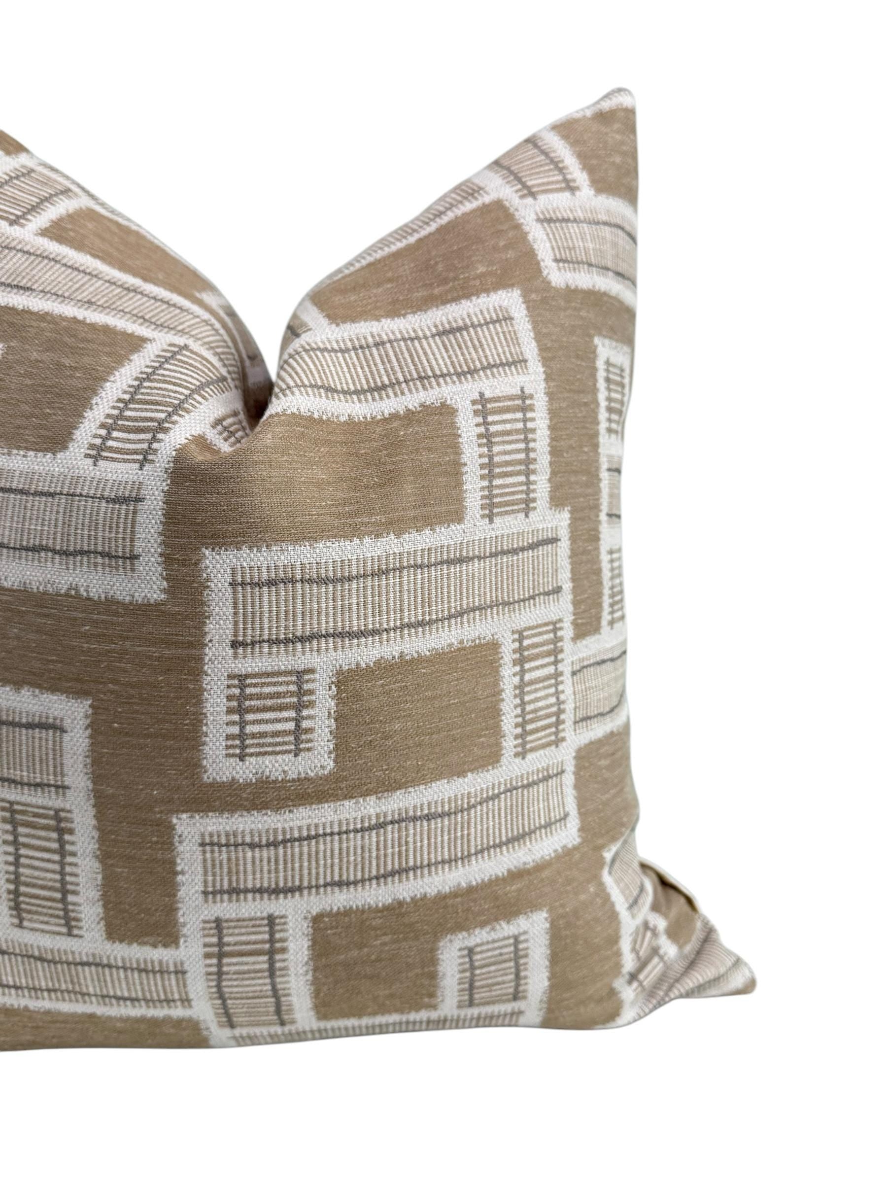 Geometric Plaid Pillow Cover: Taupe, White, and Beige Throw Cushion
