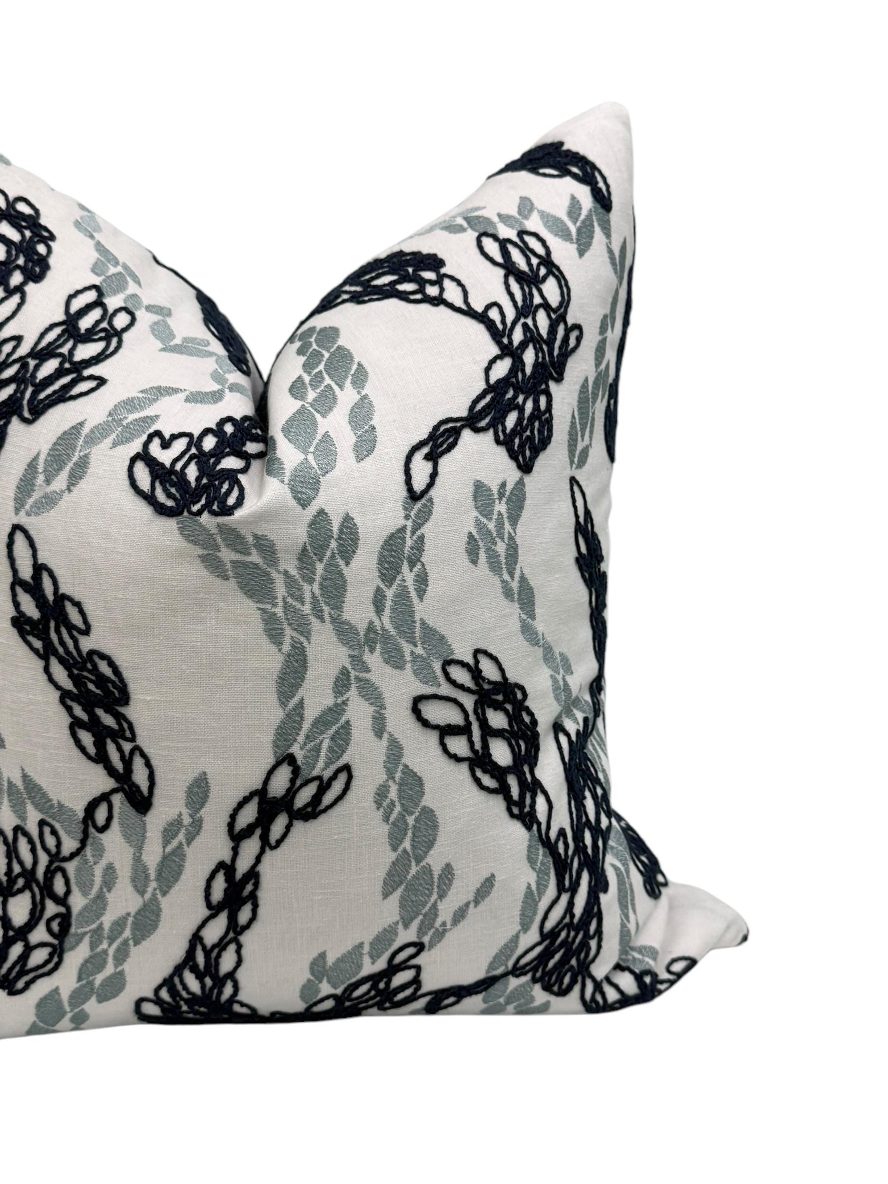 Navy Embroidered Floral Pillow Cover, Vine Cushion, Handmade USA