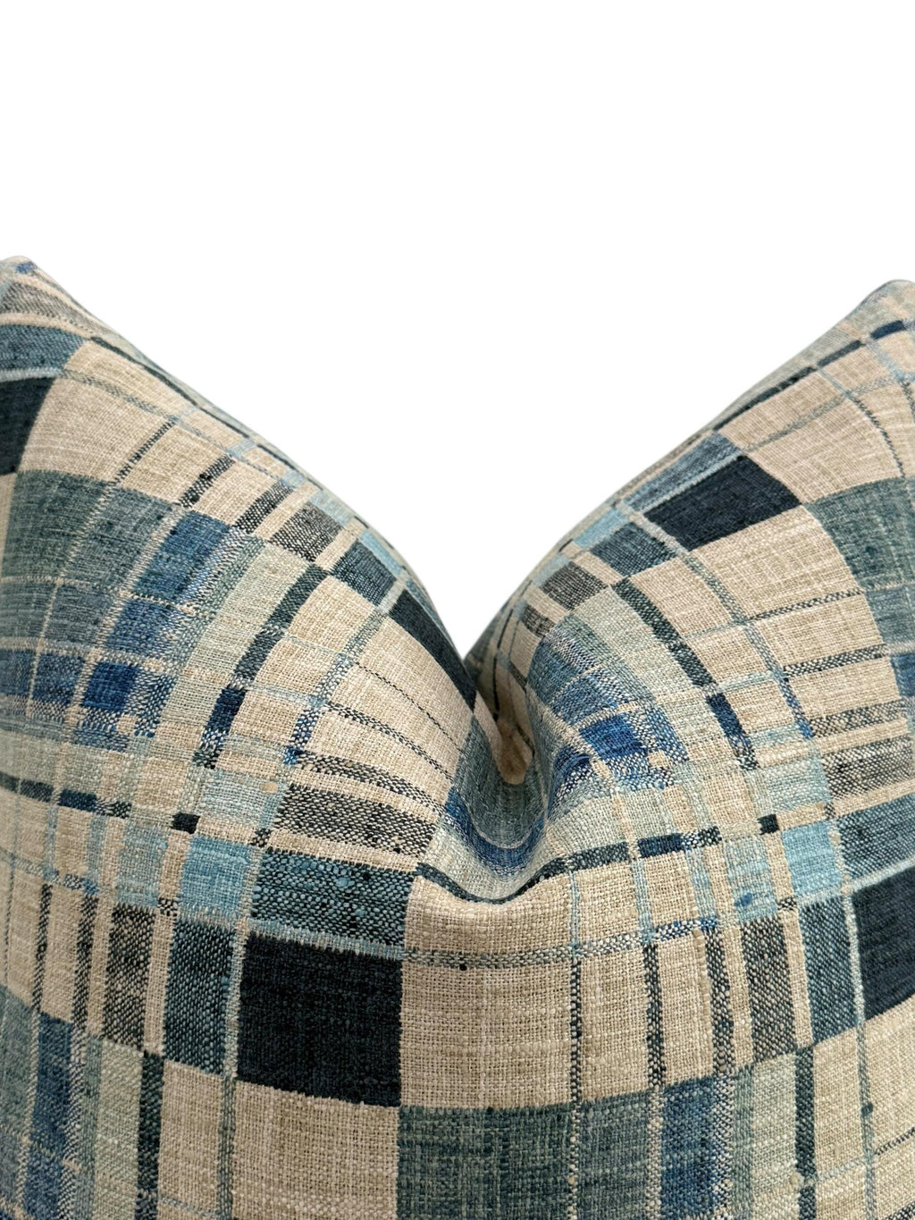 Blue Windowpane Plaid Pillow Cover, Wool Blend, Red Stitch
