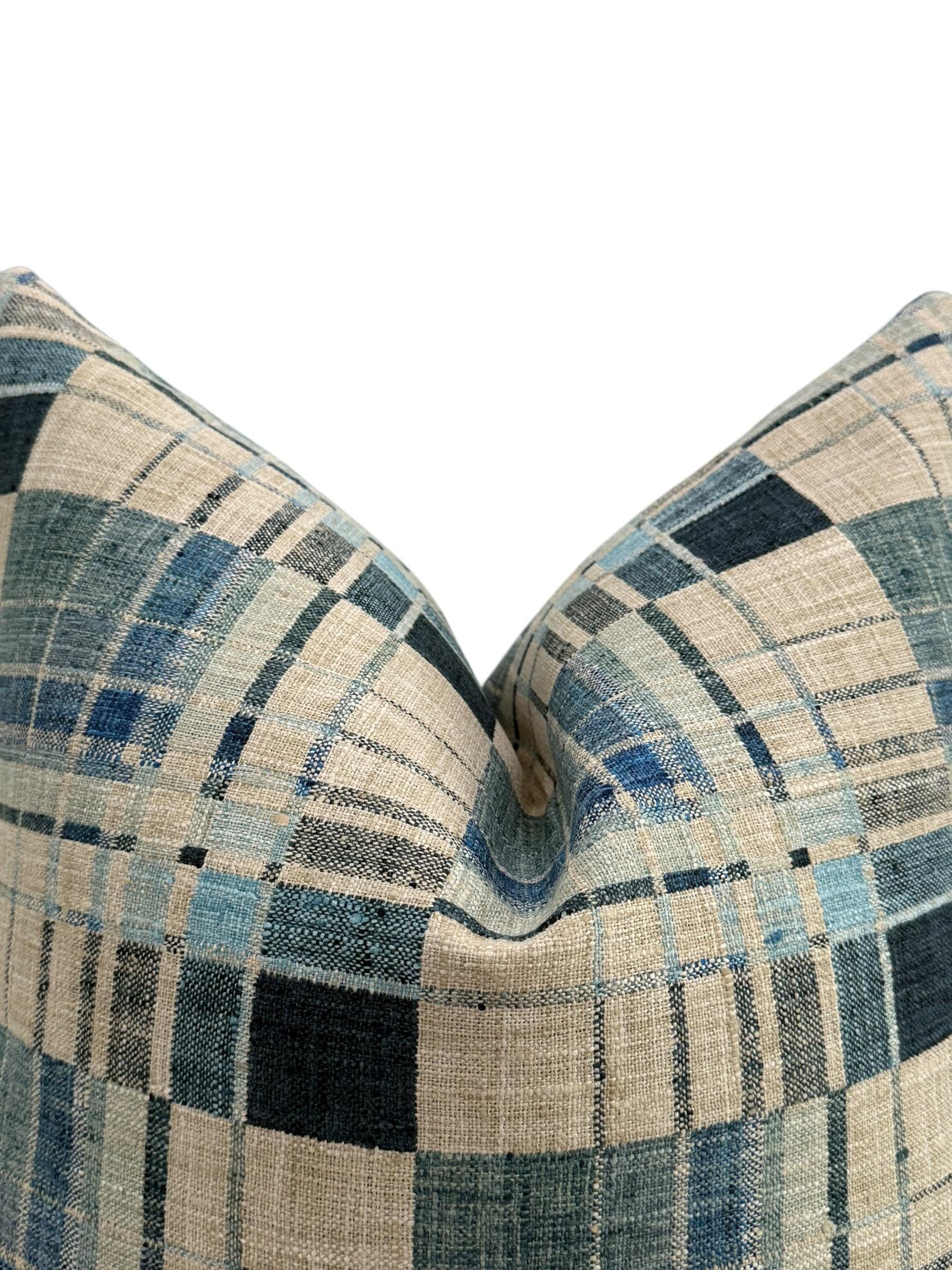 Blue Windowpane Plaid Pillow Cover, Wool Blend, Red Stitch