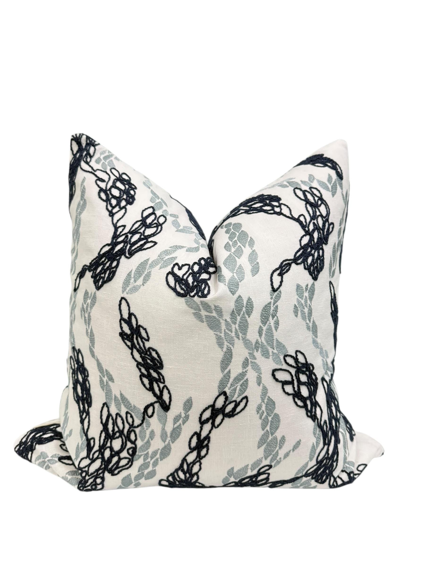 Navy Embroidered Floral Pillow Cover, Vine Cushion, Handmade USA