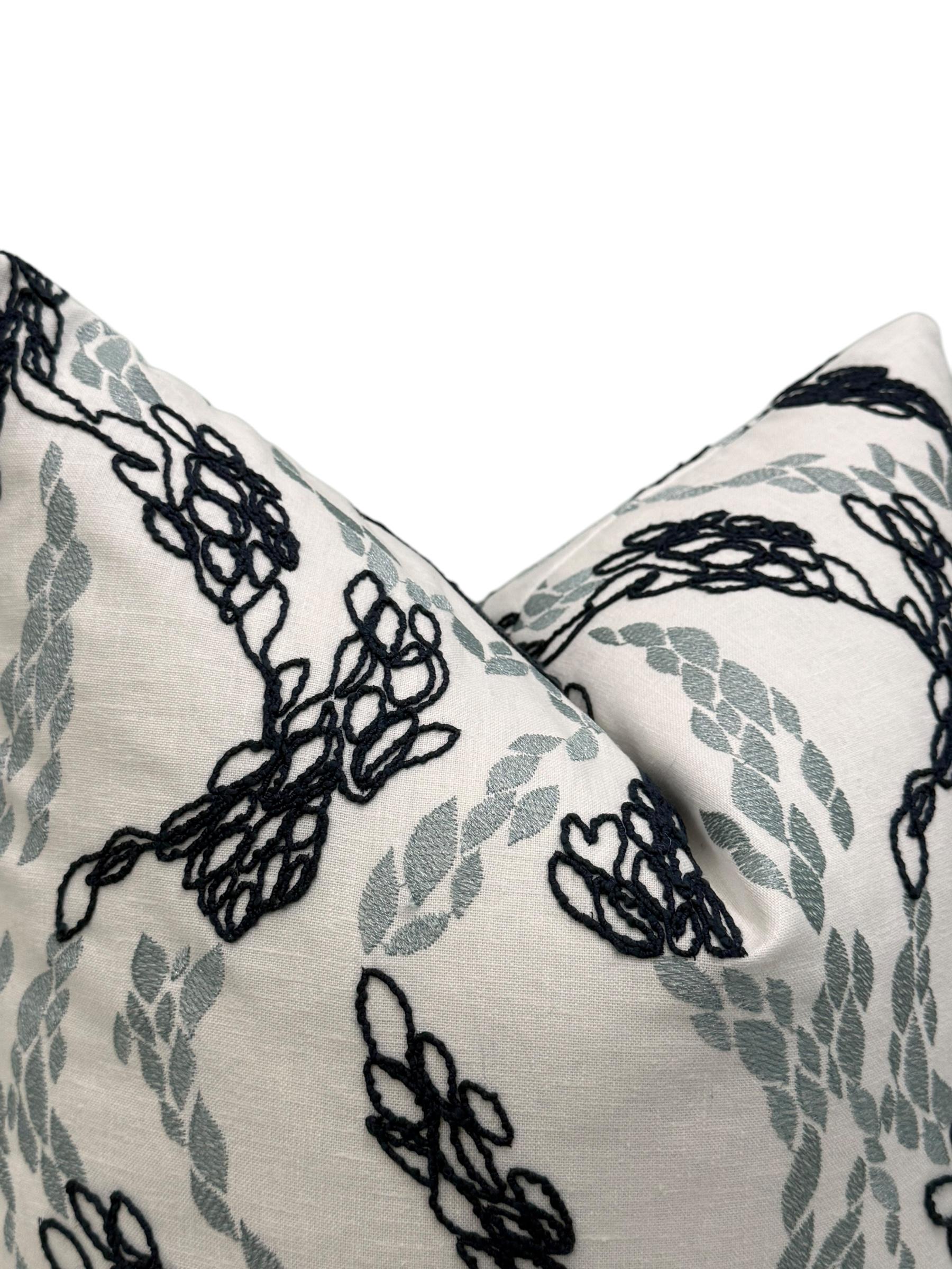 Navy Embroidered Floral Pillow Cover, Vine Cushion, Handmade USA