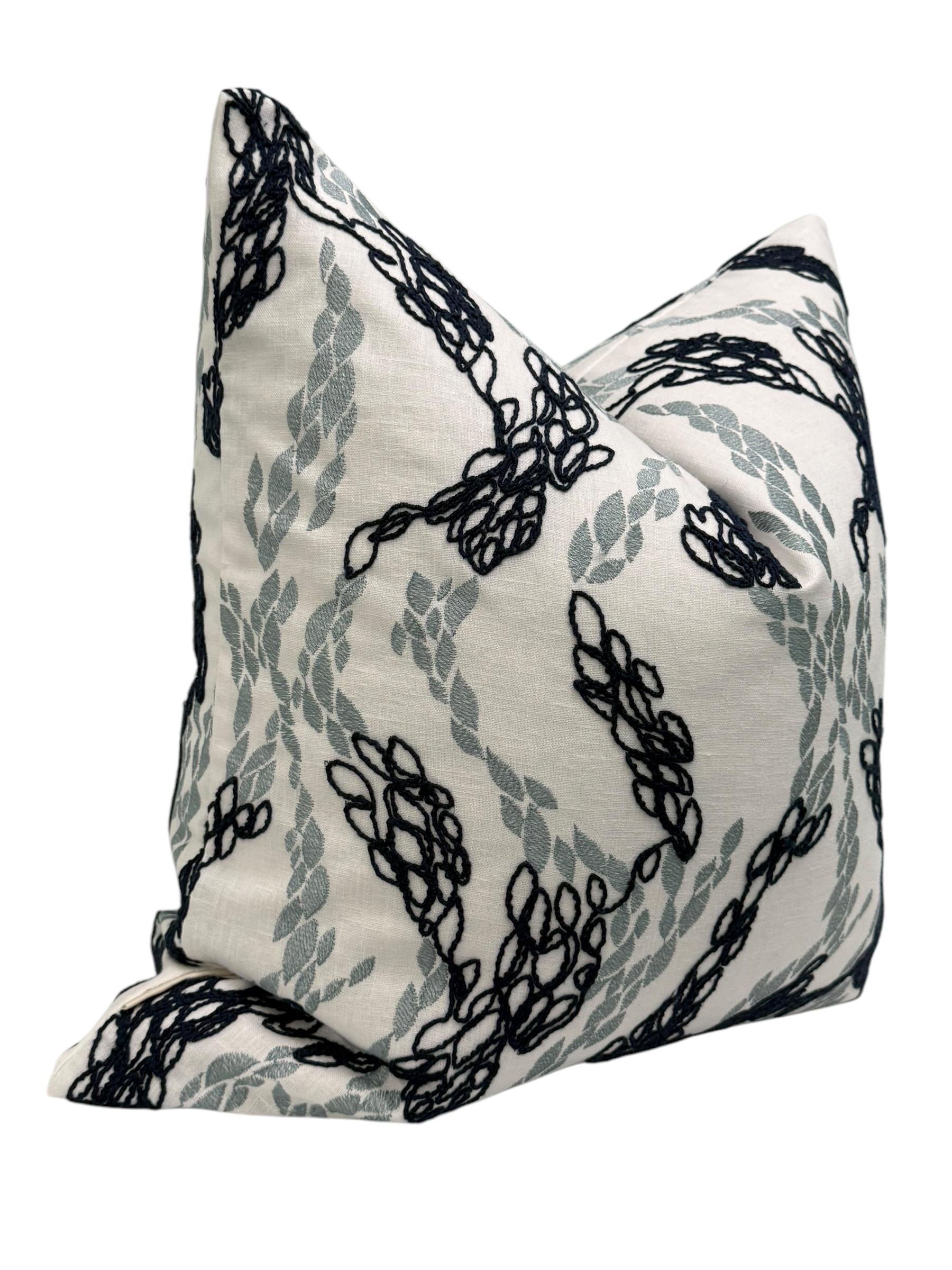 Navy Embroidered Floral Pillow Cover, Vine Cushion, Handmade USA