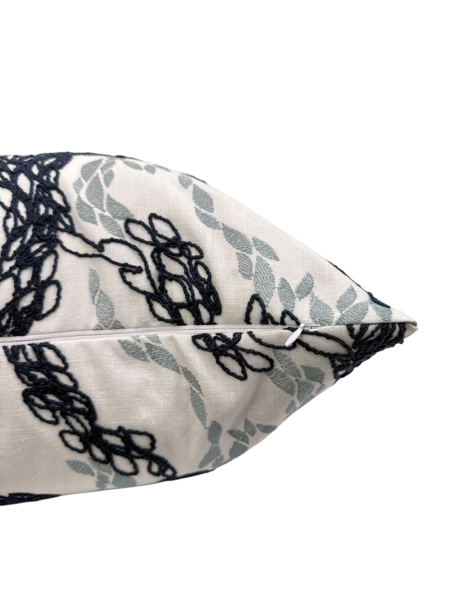Navy Embroidered Floral Pillow Cover, Vine Cushion, Handmade USA
