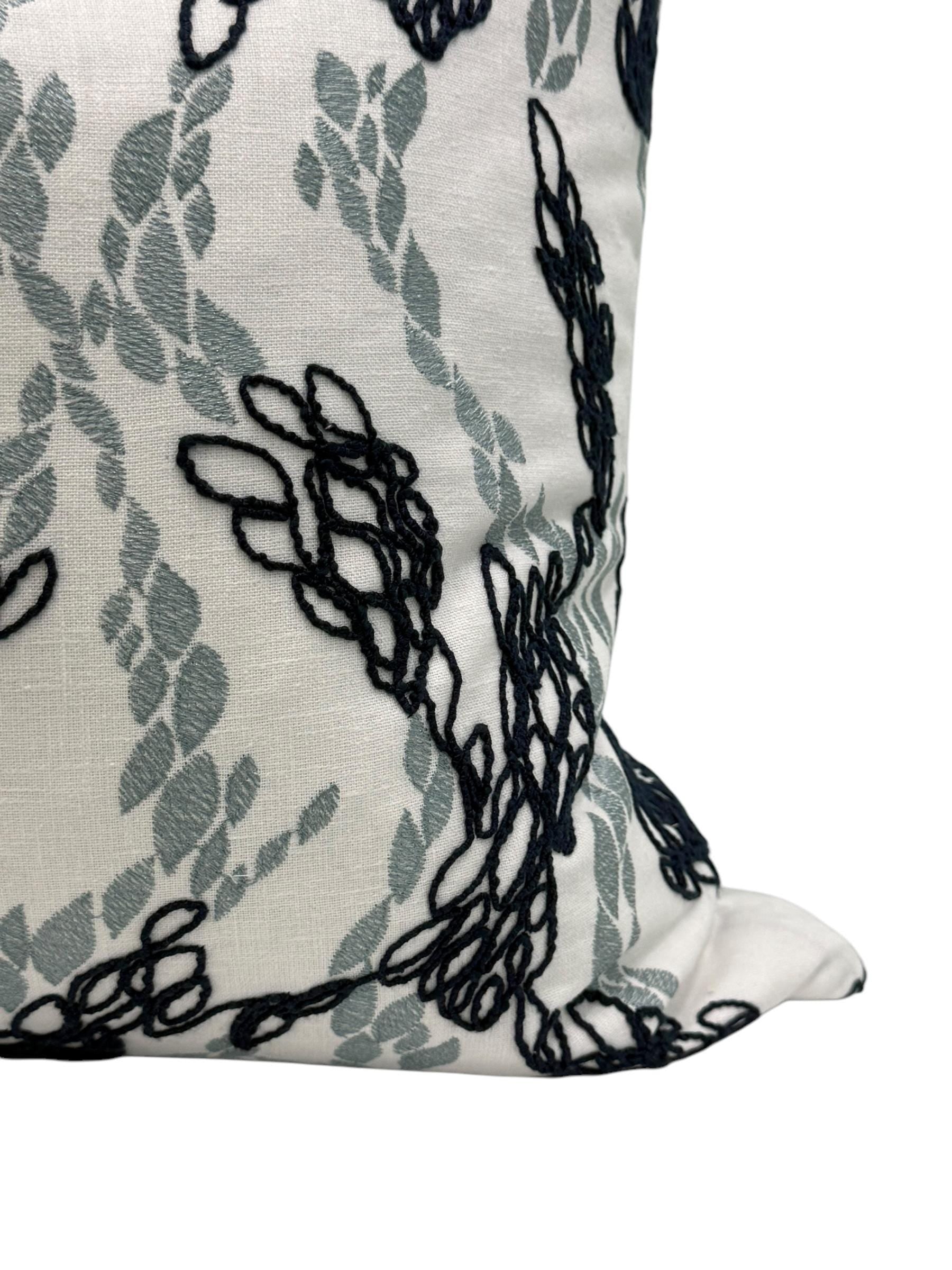 Navy Embroidered Floral Pillow Cover, Vine Cushion, Handmade USA