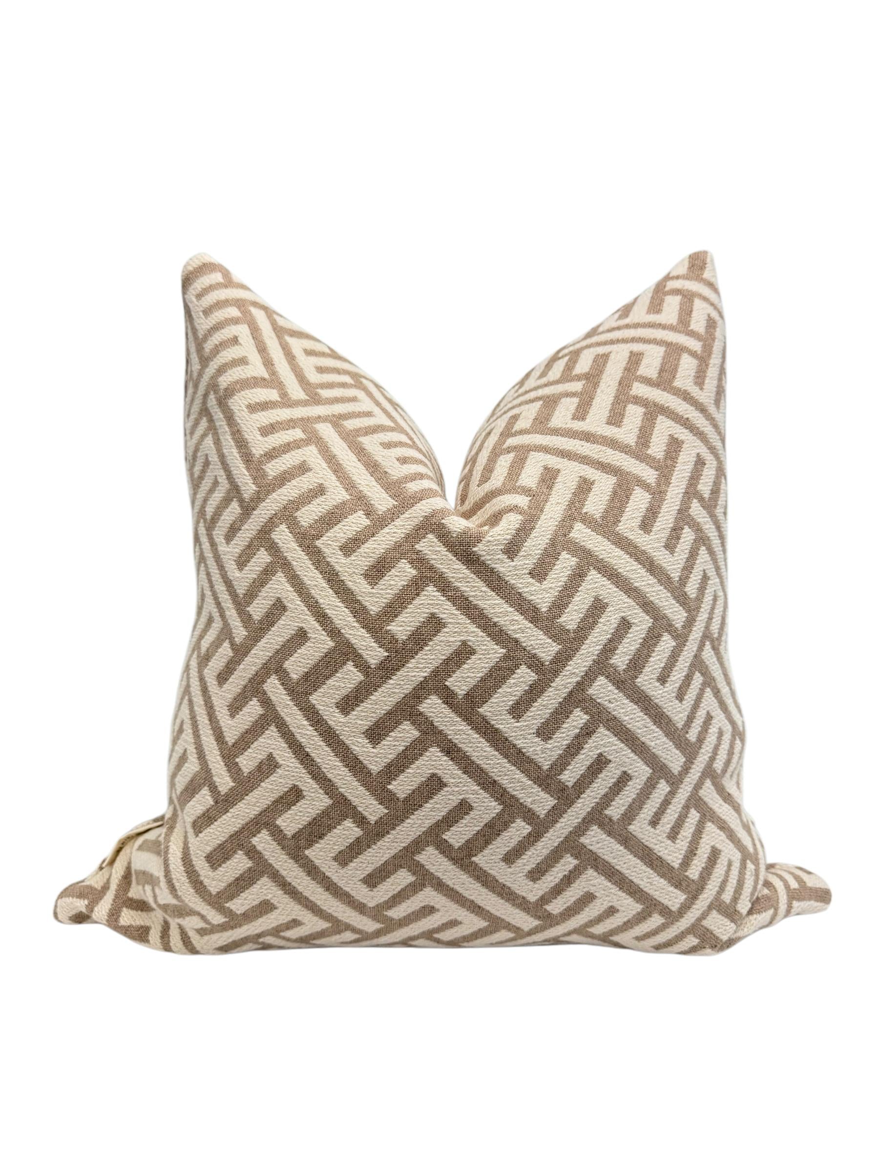 Tan Geometric Pillow Cover, Modern Maze Design, Handmade