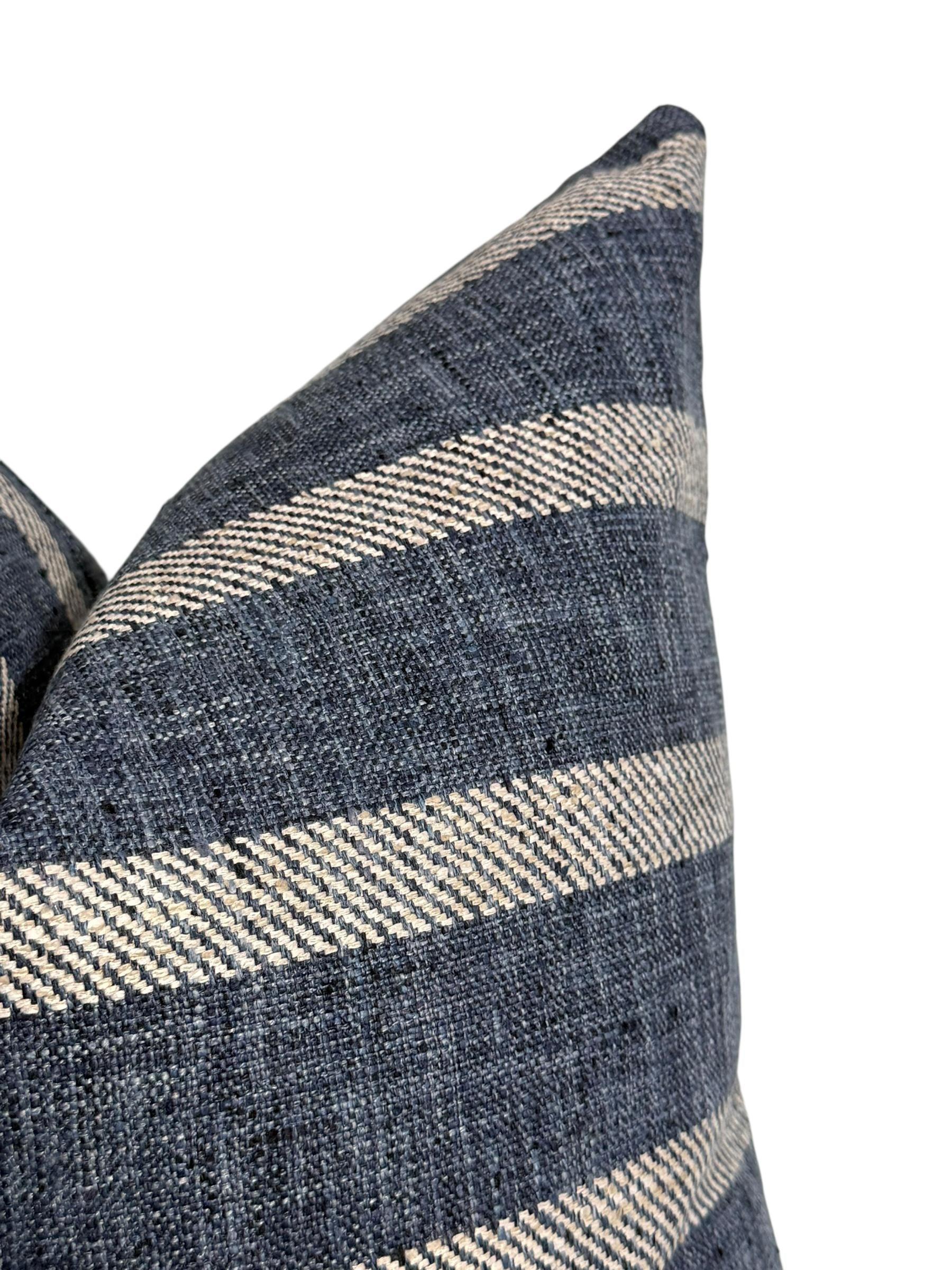 Navy and Cream Striped Pillow Cover, Coastal Farmhouse Cushion, Linen Look Accent Pillow, Denim Blue Stripe Pillow, Rustic Pillow Cover