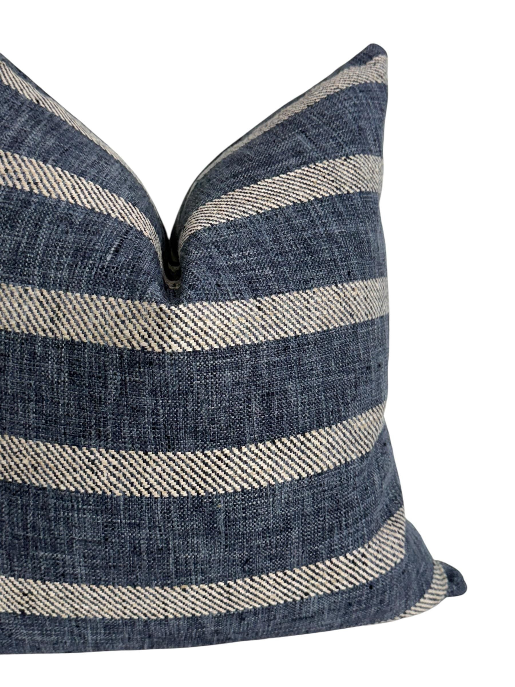 Navy and Cream Striped Pillow Cover, Coastal Farmhouse Cushion, Linen Look Accent Pillow, Denim Blue Stripe Pillow, Rustic Pillow Cover