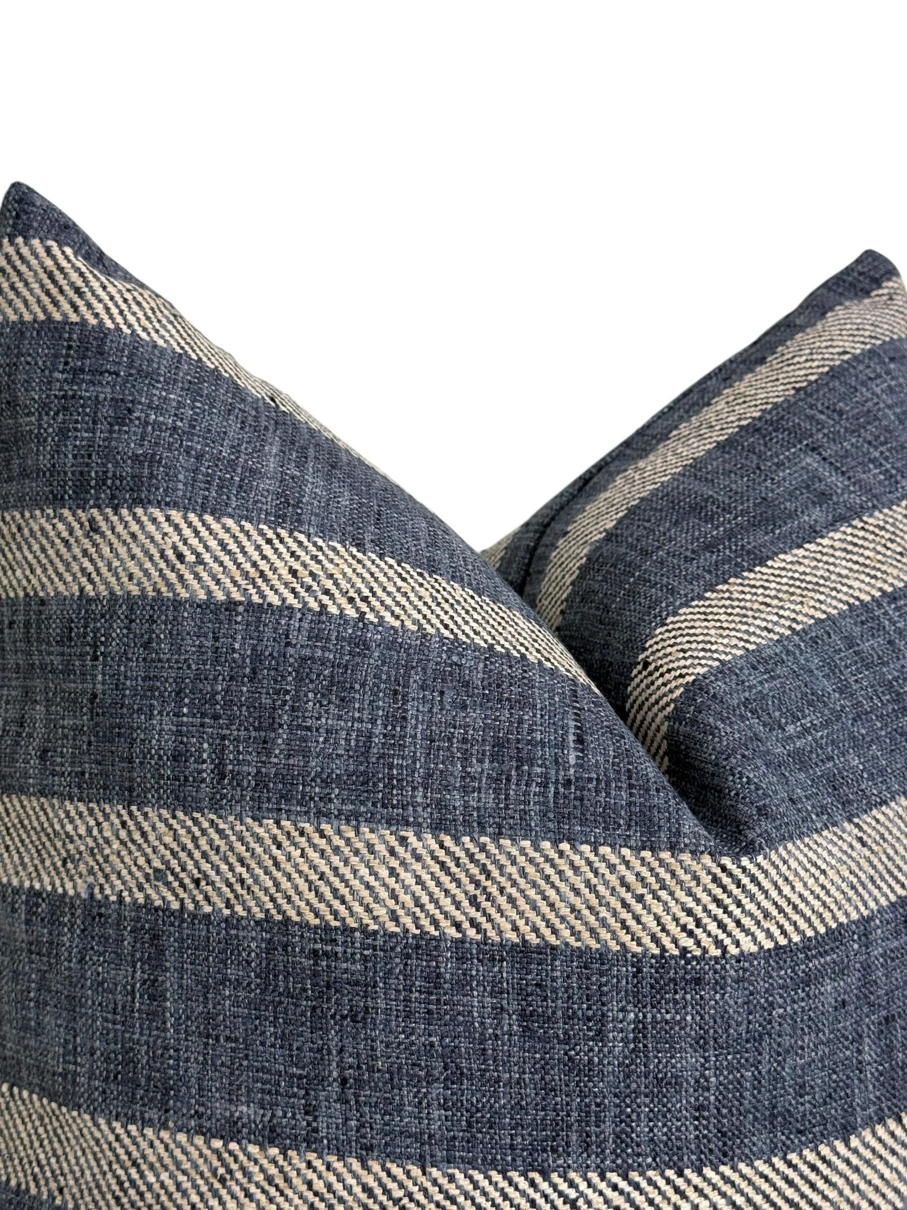 Navy and Cream Striped Pillow Cover, Coastal Farmhouse Cushion, Linen Look Accent Pillow, Denim Blue Stripe Pillow, Rustic Pillow Cover
