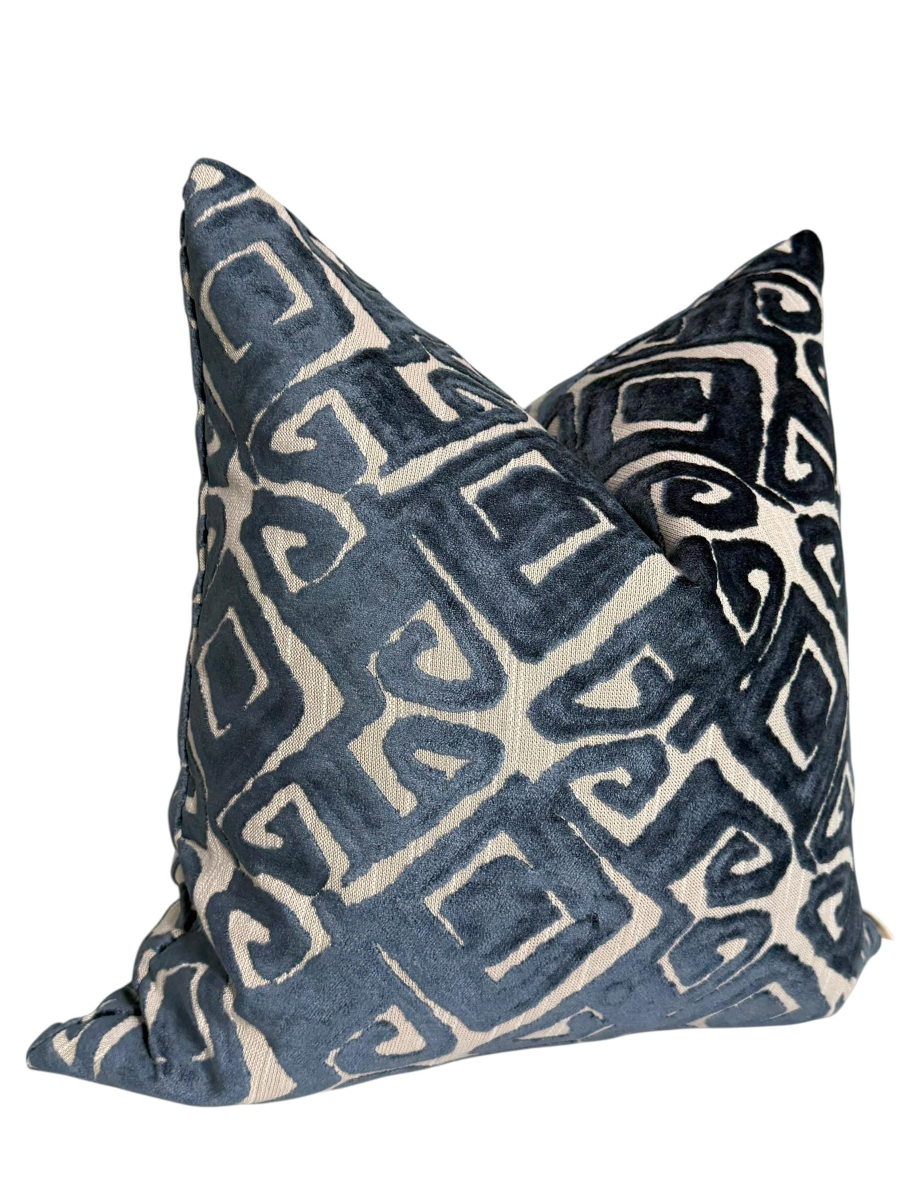 Chartreuse Navy Designer Cut Velvet Throw Pillow Cover, Blue Velvet Geometric Pillow, Abstract Velvet Pillow, Tribal Inspired Velvet Pillow
