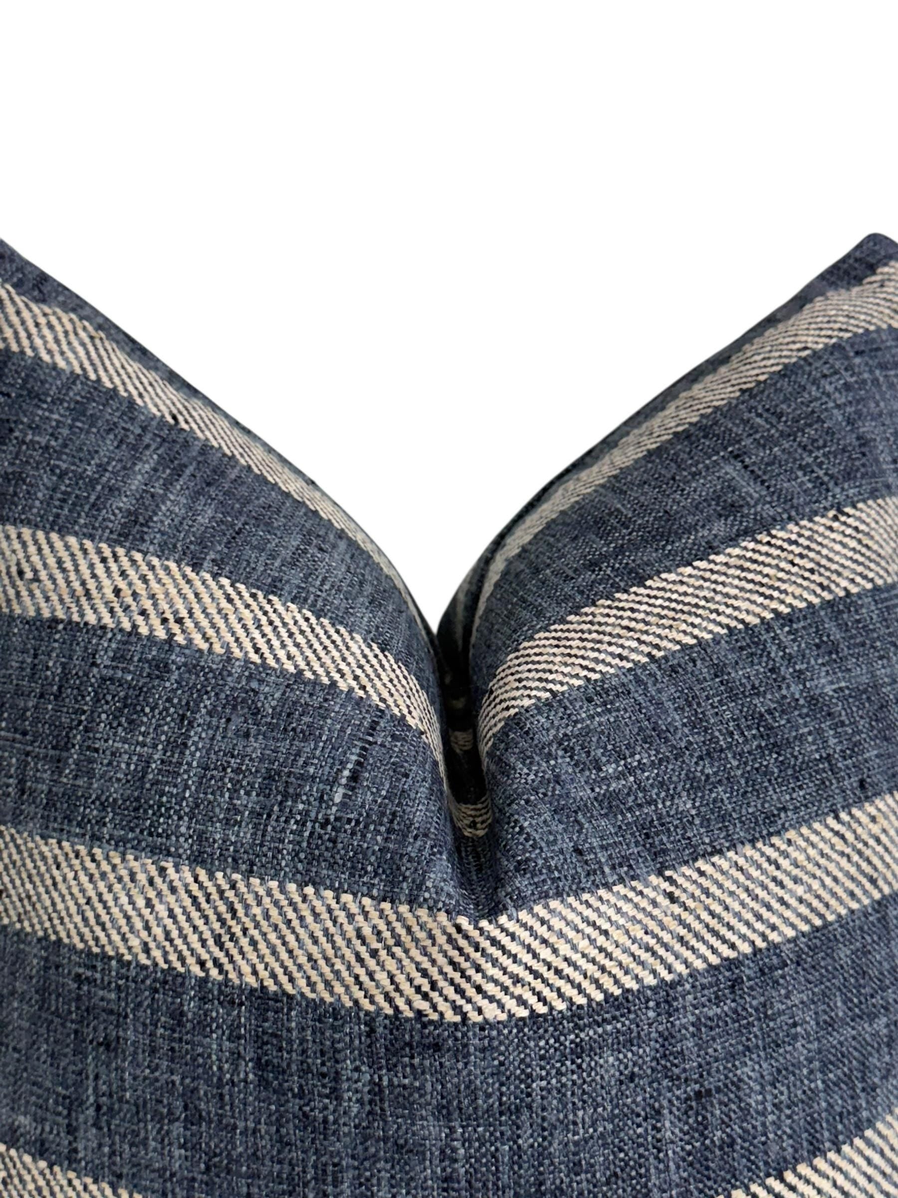 Navy and Cream Striped Pillow Cover, Coastal Farmhouse Cushion, Linen Look Accent Pillow, Denim Blue Stripe Pillow, Rustic Pillow Cover