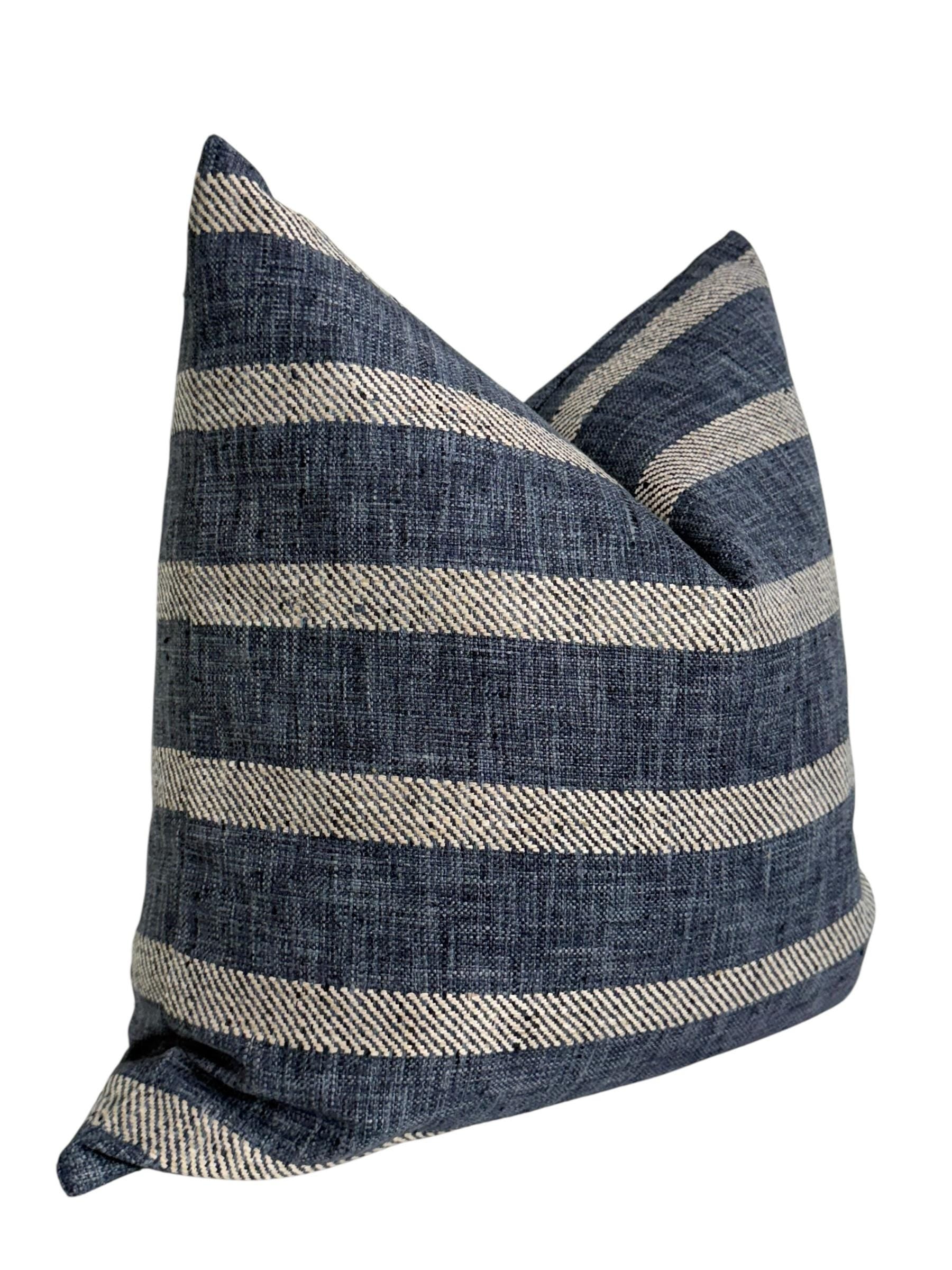 Navy and Cream Striped Pillow Cover, Coastal Farmhouse Cushion, Linen Look Accent Pillow, Denim Blue Stripe Pillow, Rustic Pillow Cover