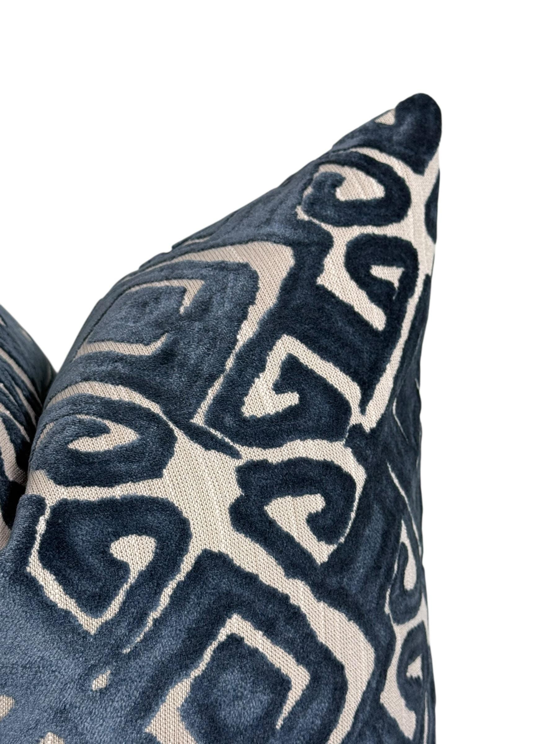 Chartreuse Navy Designer Cut Velvet Throw Pillow Cover, Blue Velvet Geometric Pillow, Abstract Velvet Pillow, Tribal Inspired Velvet Pillow