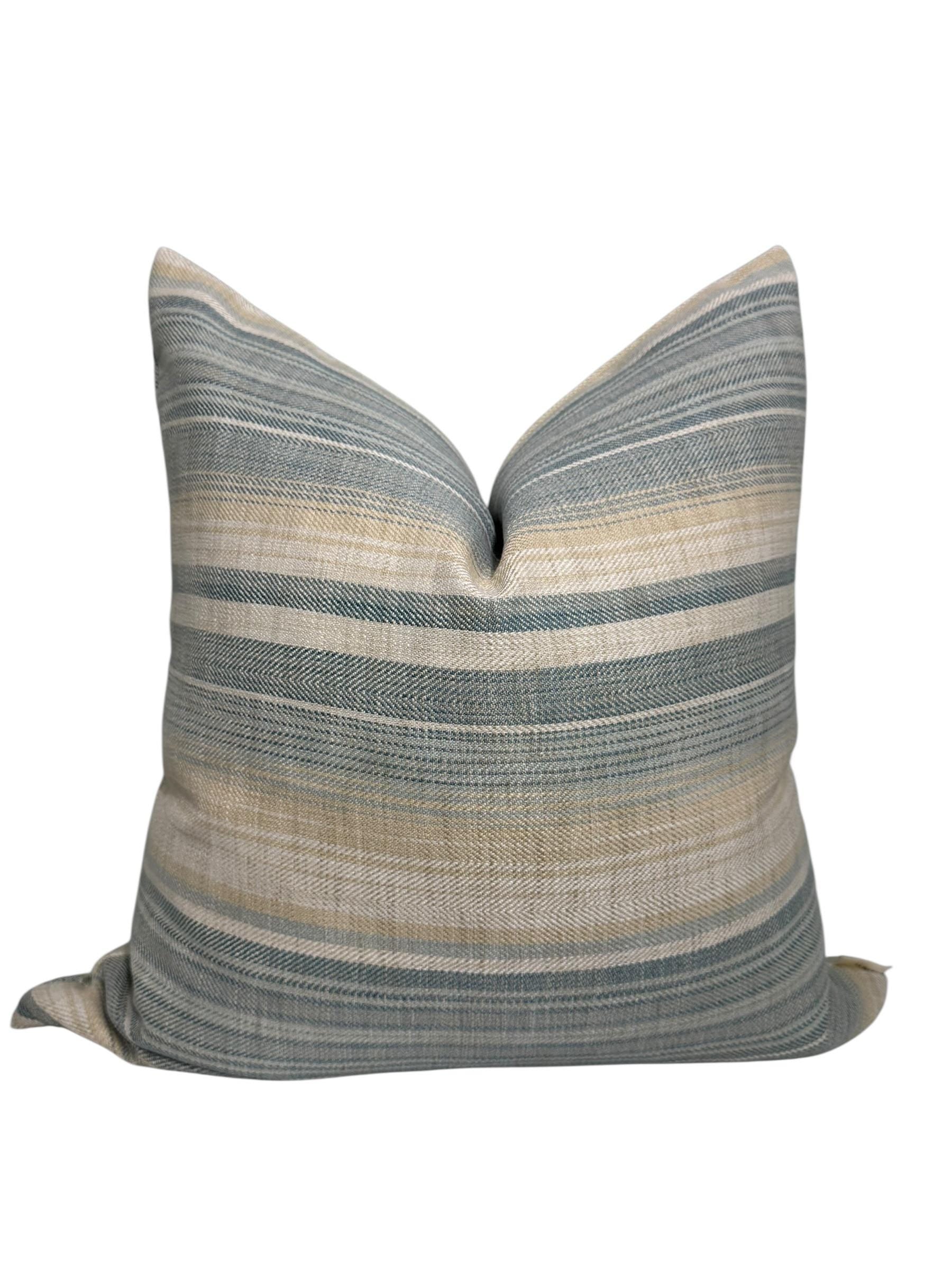 Handmade Blue and Beige Striped Pillow Cover: Woven Coastal Decor