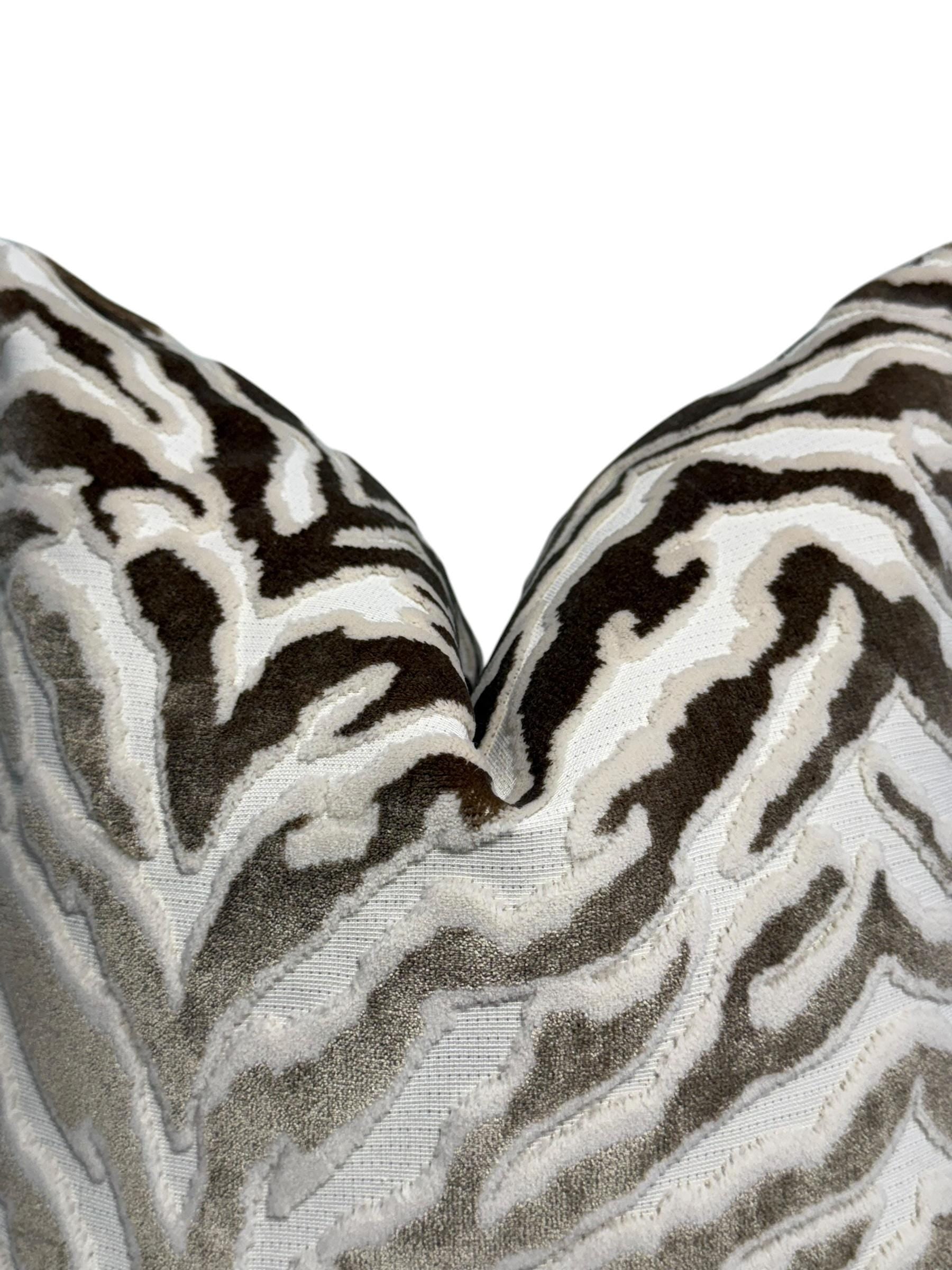Handmade Velvet Zebra Print Pillow Cover: Taupe & Cream Cushion