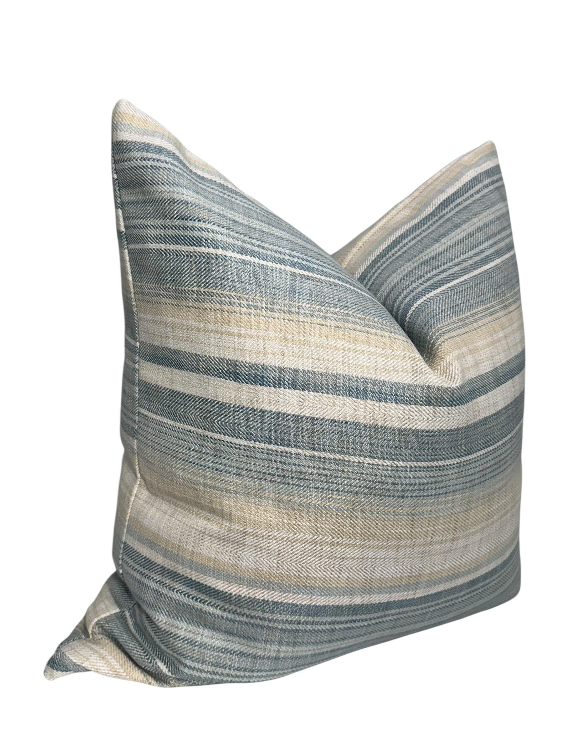 Handmade Blue and Beige Striped Pillow Cover: Woven Coastal Decor